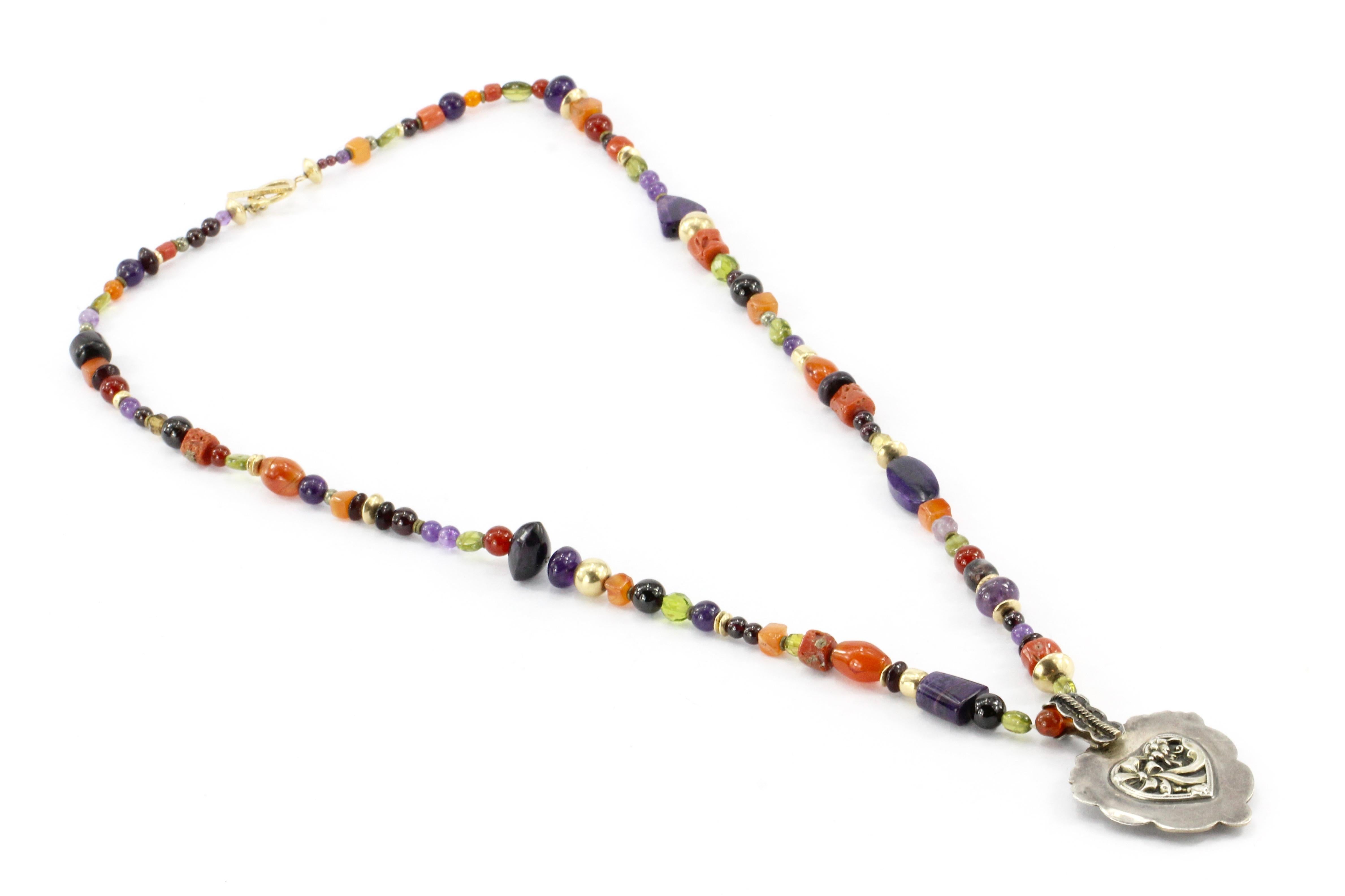 Native American Benny & Valene Aldrich Ju-Ju Beads Sterling Silver & Gold Inlaid Heart Necklace