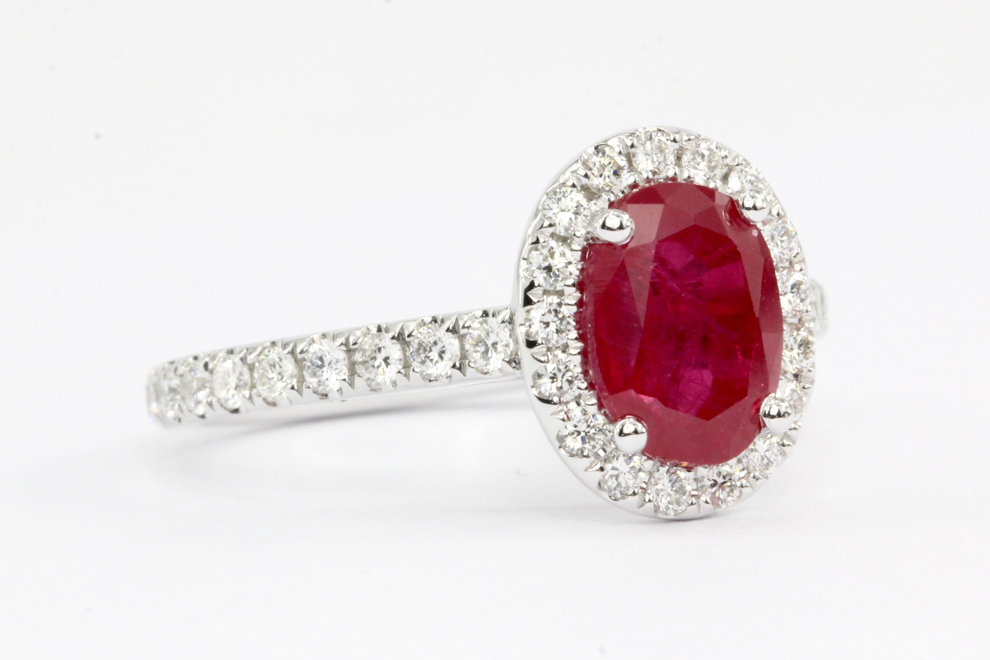 White Gold Oval Cut 2.07 Carat Natural Ruby Diamond Halo Ring In Excellent Condition In Cape May, NJ