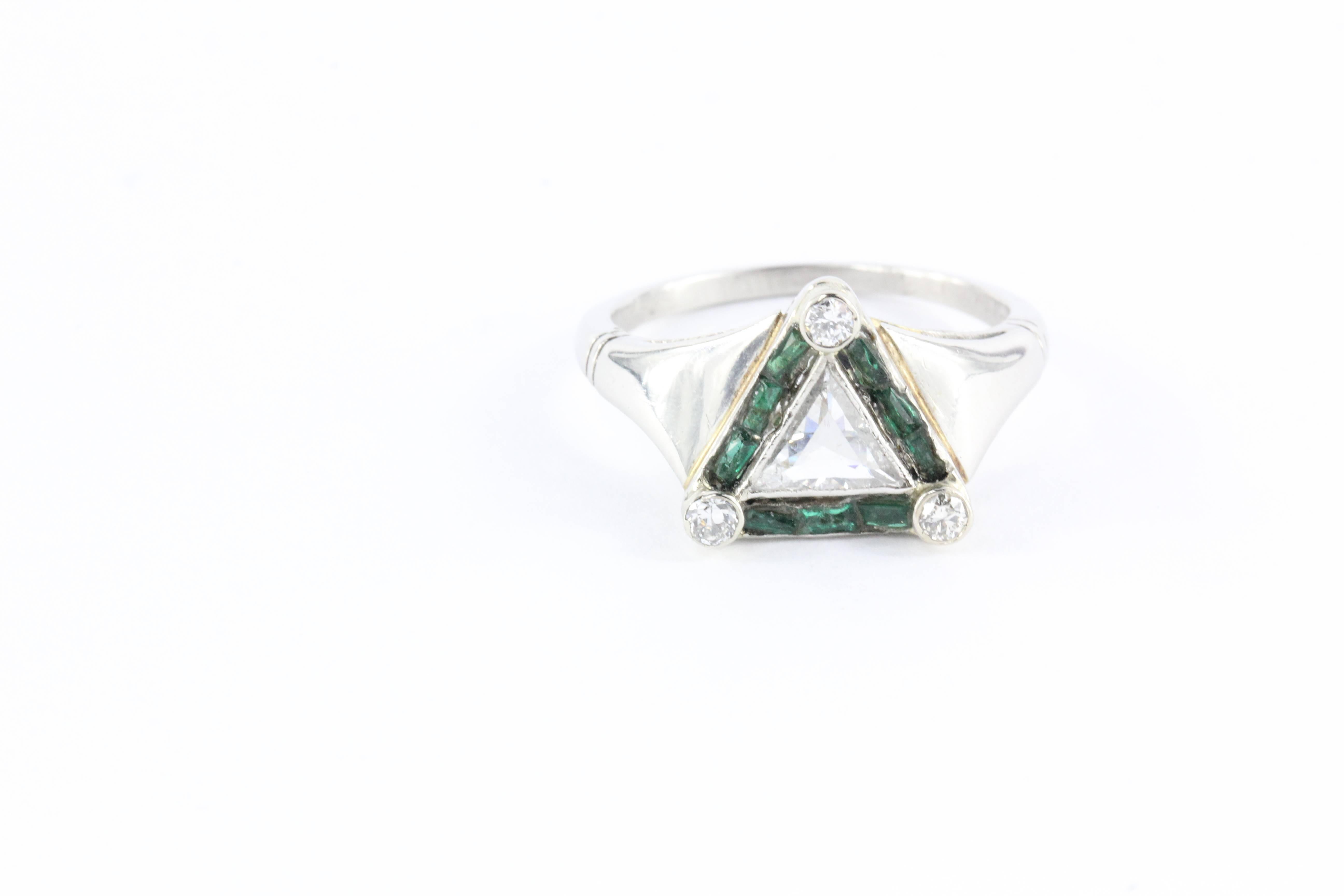 Art Deco Emerald Rare Trillion Cut Diamond Platinum Engagement Ring In Excellent Condition In Cape May, NJ