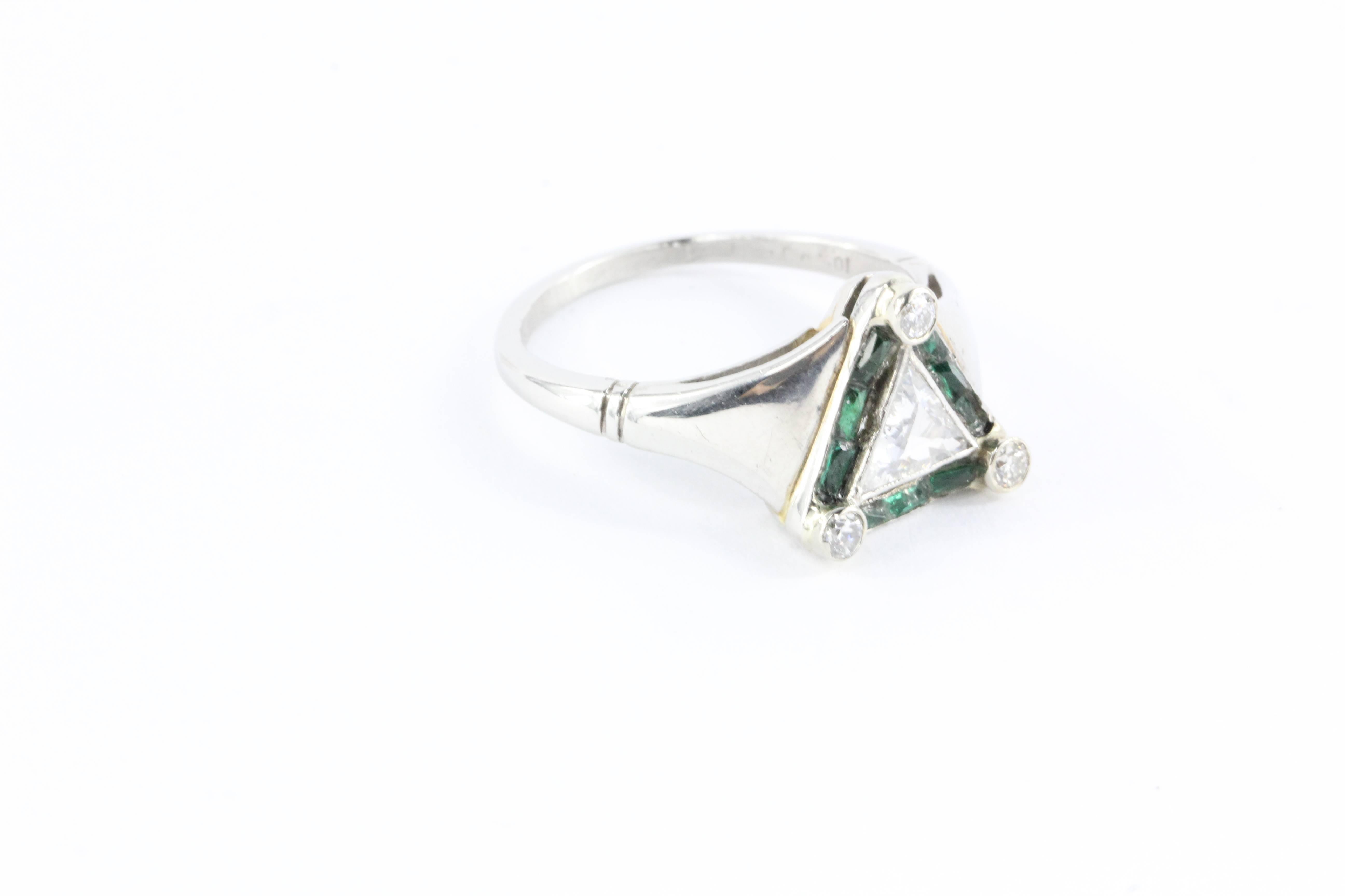 Art Deco Emerald Rare Trillion Cut Diamond Platinum Engagement Ring 1