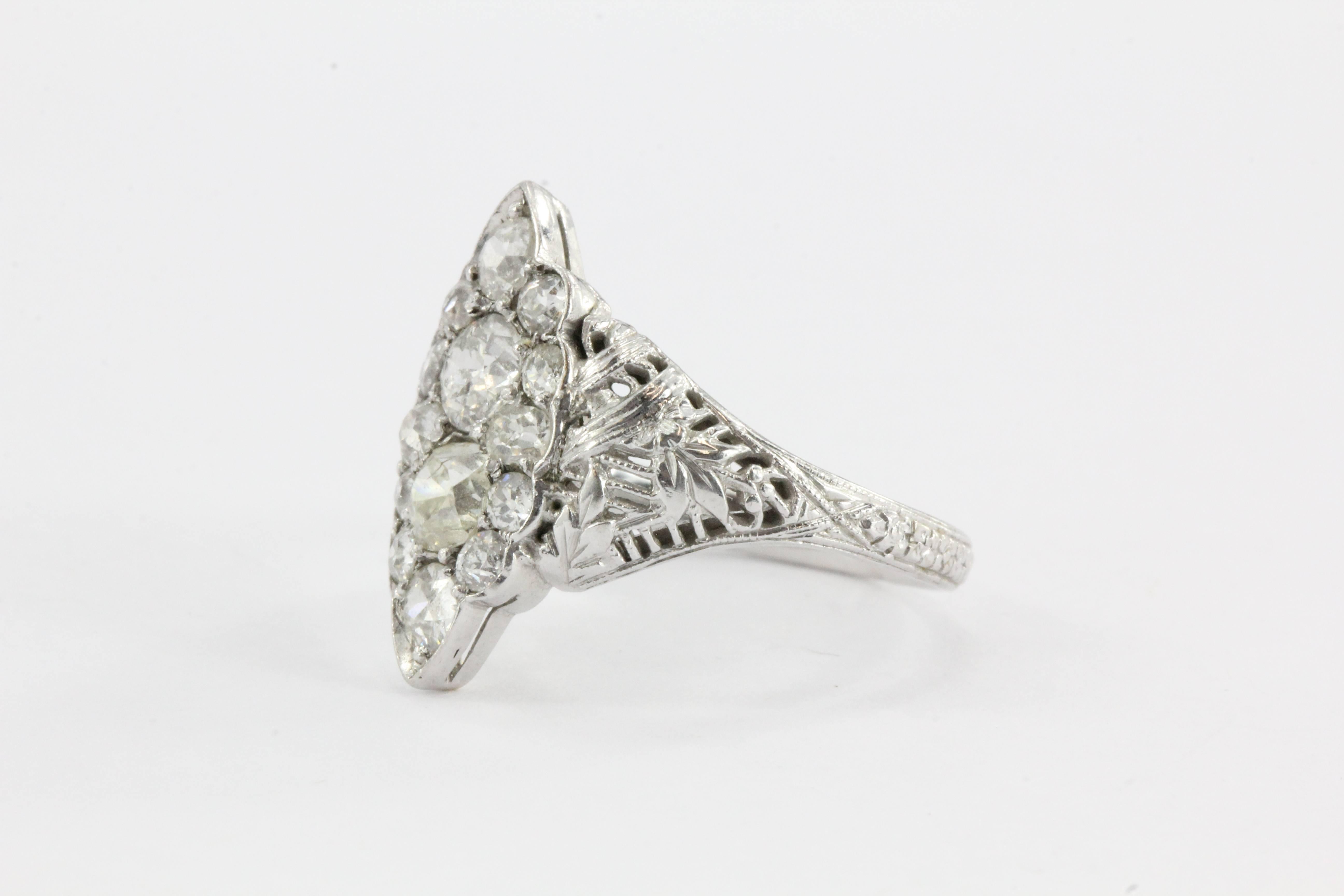 Art Deco 1920s Navette Old Mine Diamond Gold Ring