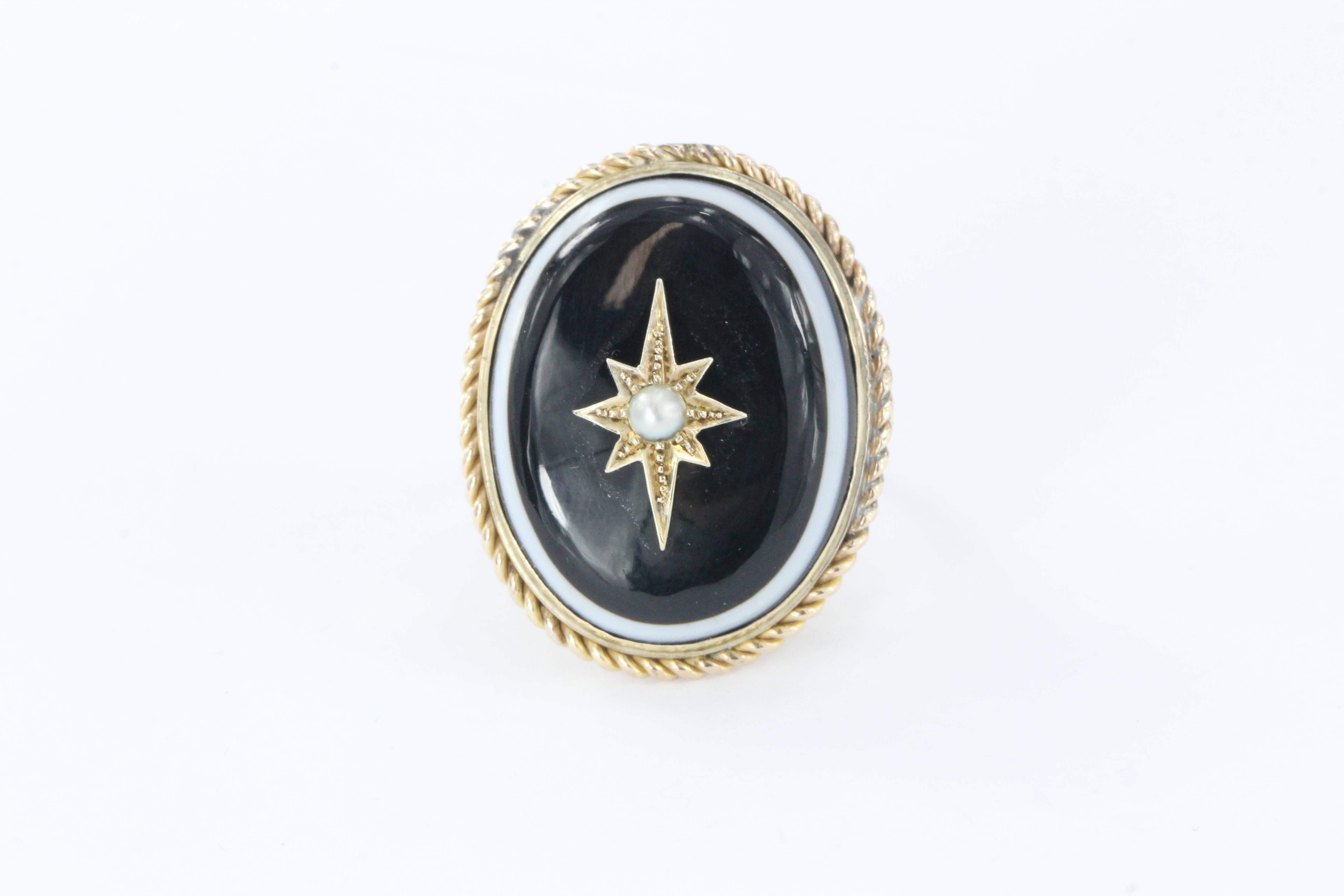  Antique Victorian & Gold Banded Agate Starburst Pearl Conversion Ring. The ring is in great antique estate condition and ready to wear. The stone is a little loose however. The ring is a conversion. It was originally a brooch or pendant that was