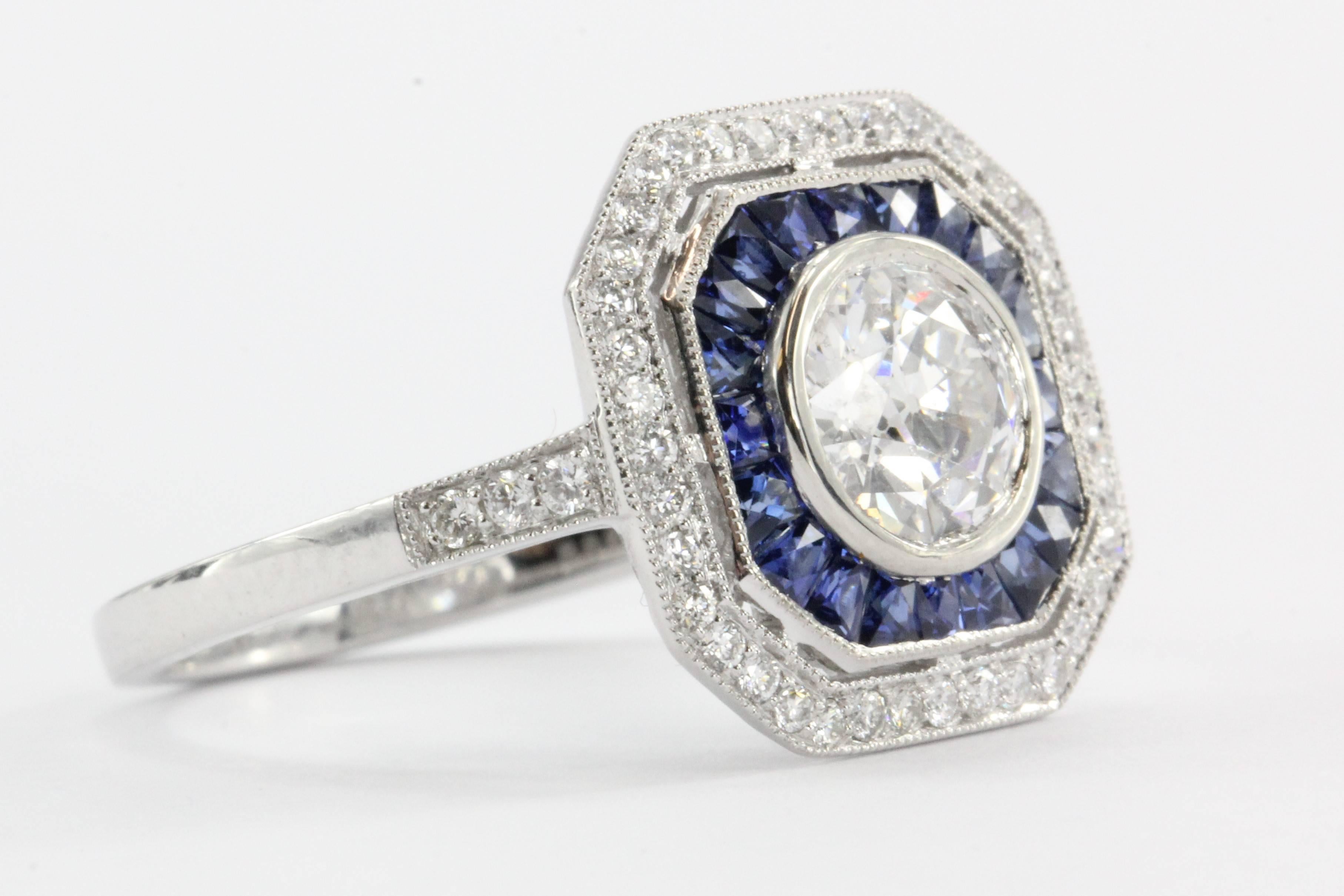 Art Deco  1.02 Carat GIA Cert Old European Diamond Sapphire Platinum Ring