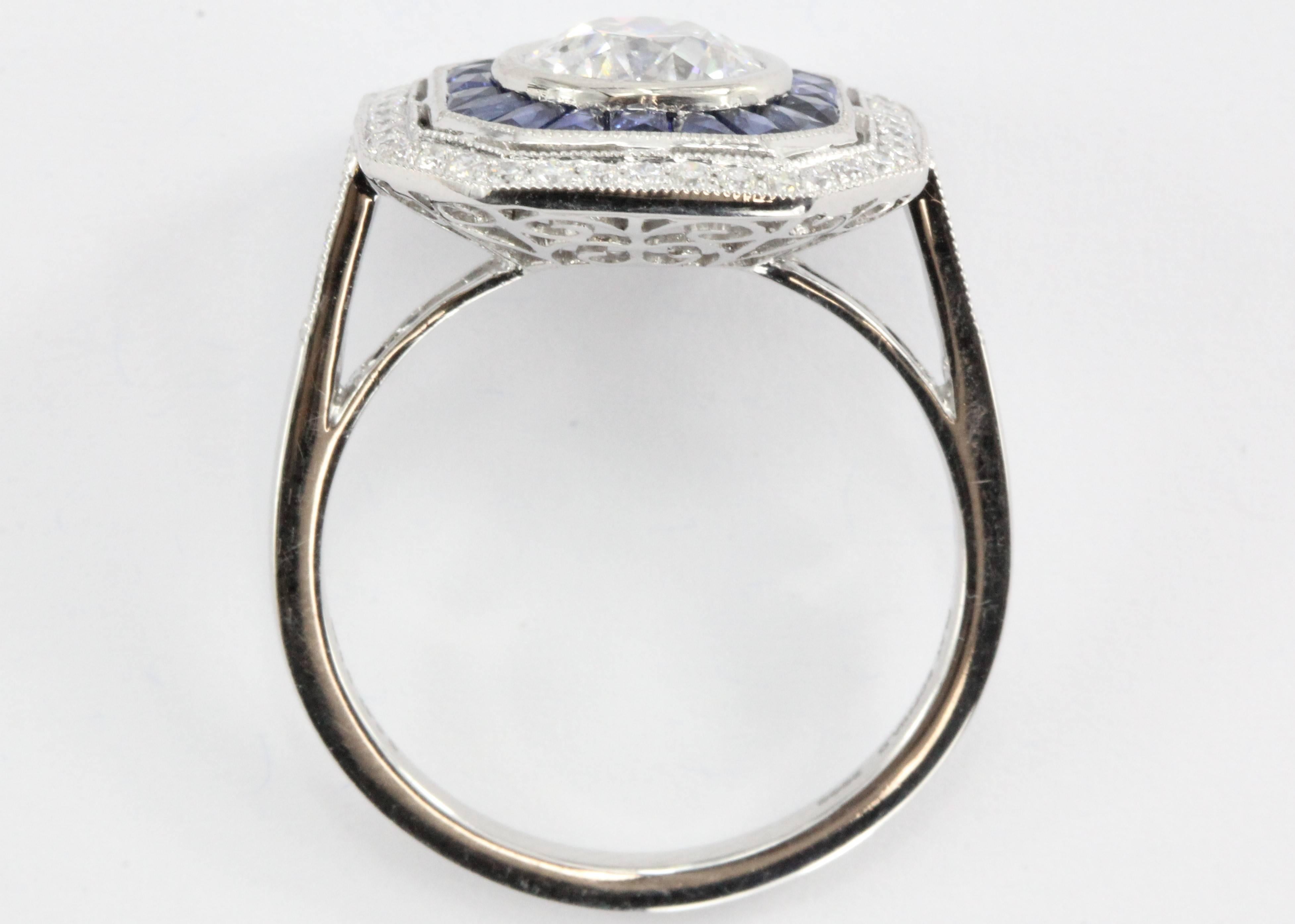 Women's  1.02 Carat GIA Cert Old European Diamond Sapphire Platinum Ring