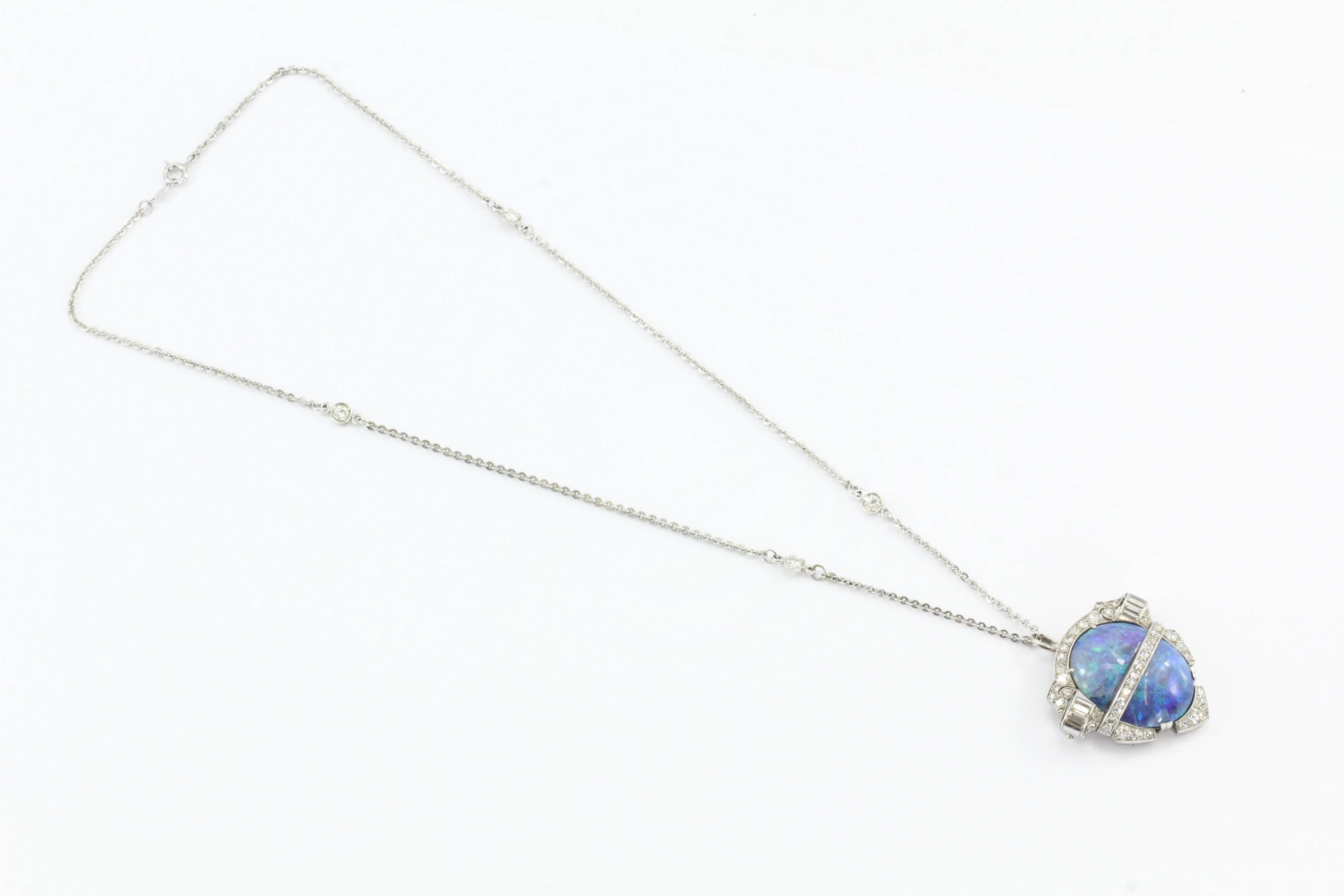 Women's Rare Art Deco Australian Black Opal Diamond Platinum Pendant Brooch
