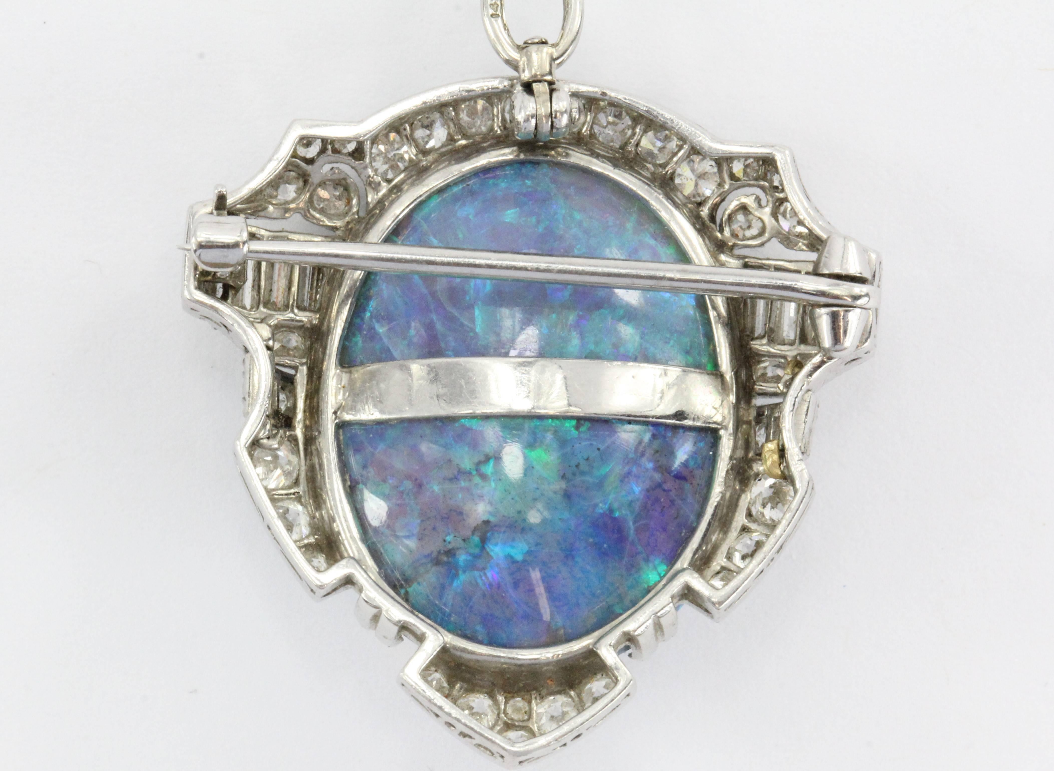 Rare Art Deco Australian Black Opal Diamond Platinum Pendant Brooch 2