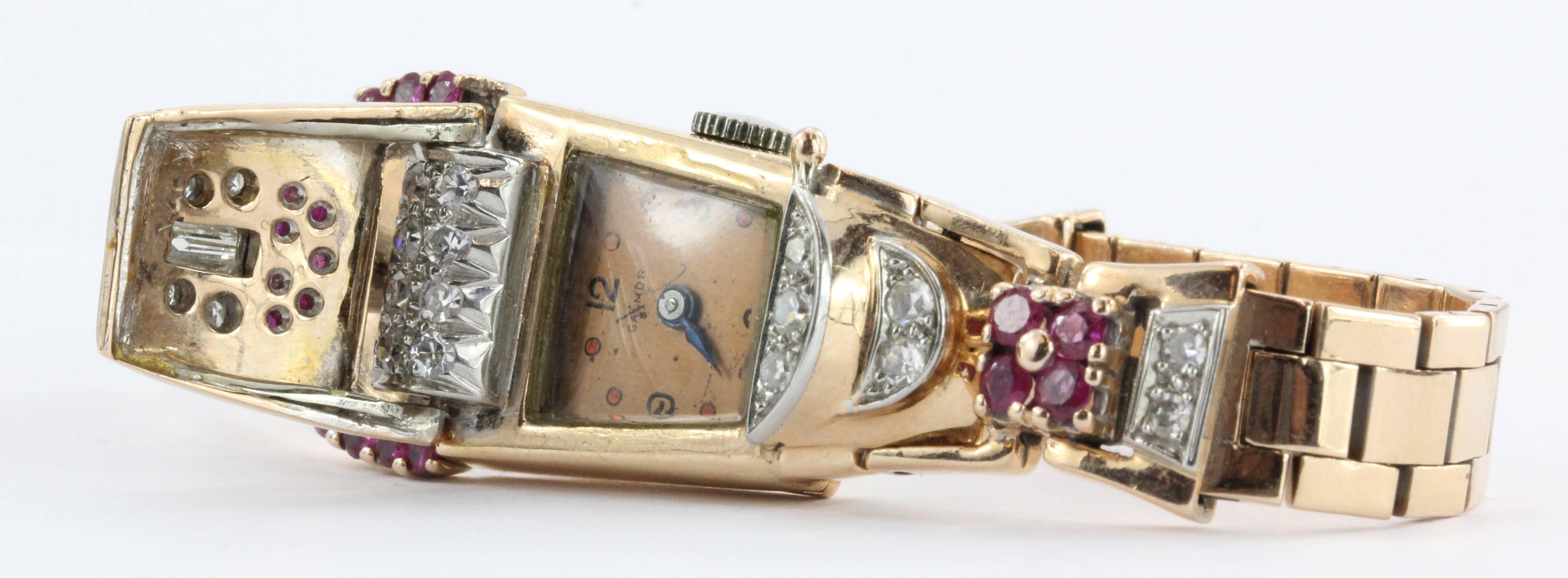 Art Deco Galmor Lady's Rose Gold Diamond Ruby Wristwatch