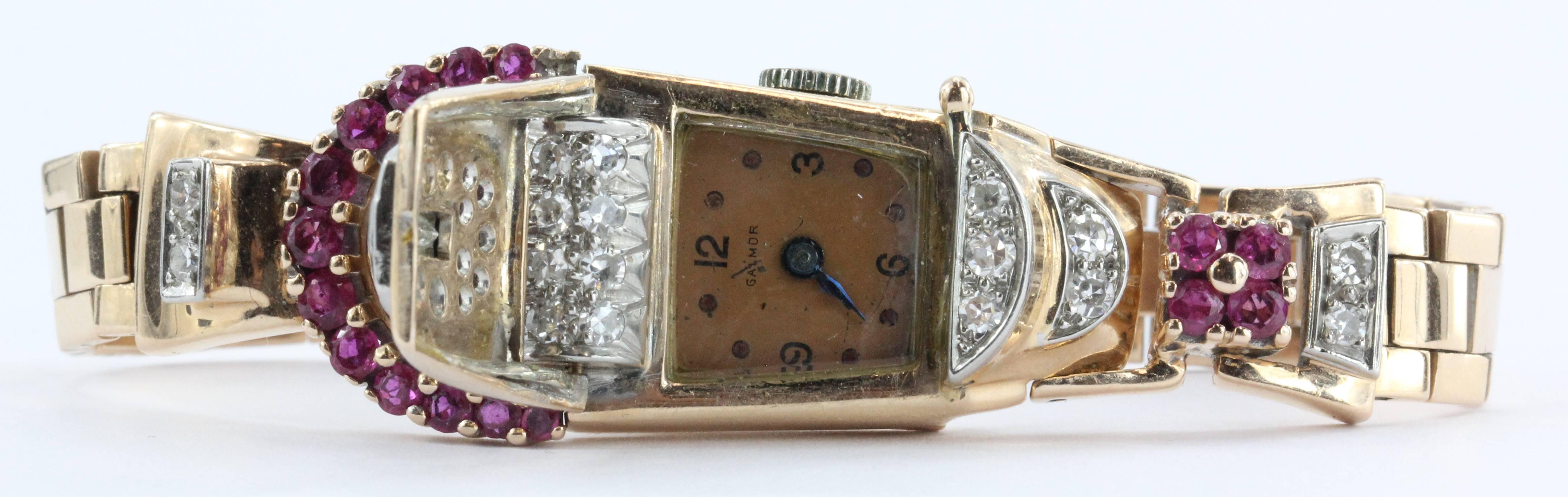 Galmor Lady's Rose Gold Diamond Ruby Wristwatch In Excellent Condition In Cape May, NJ