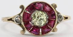 Antique Victorian Fancy Yellow Old Mine / Rose Cut Diamond Ruby 18K Gold Ring