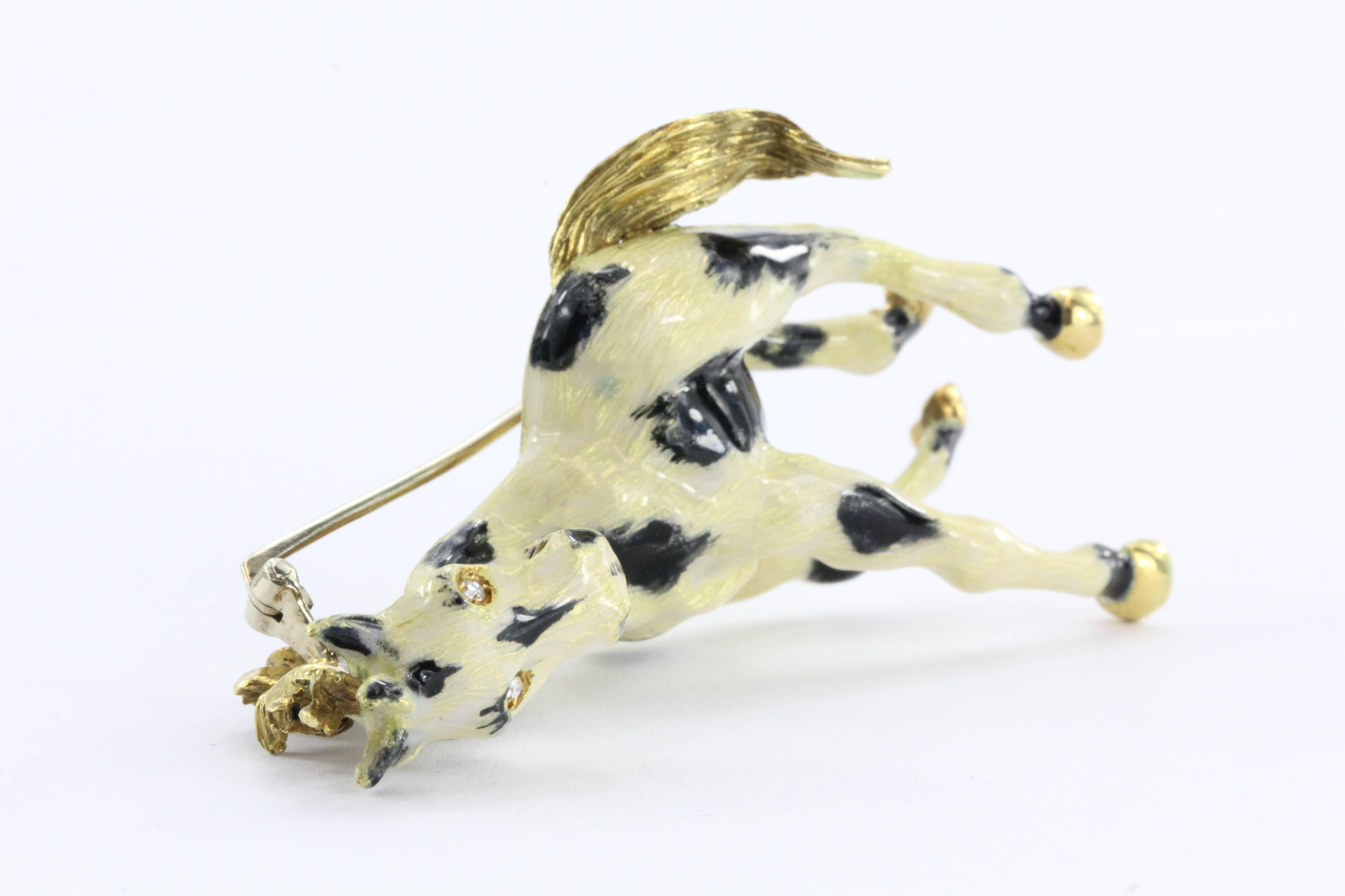 1970s Enamel Diamond Gold Paint Horse Brooch  In Excellent Condition In Cape May, NJ