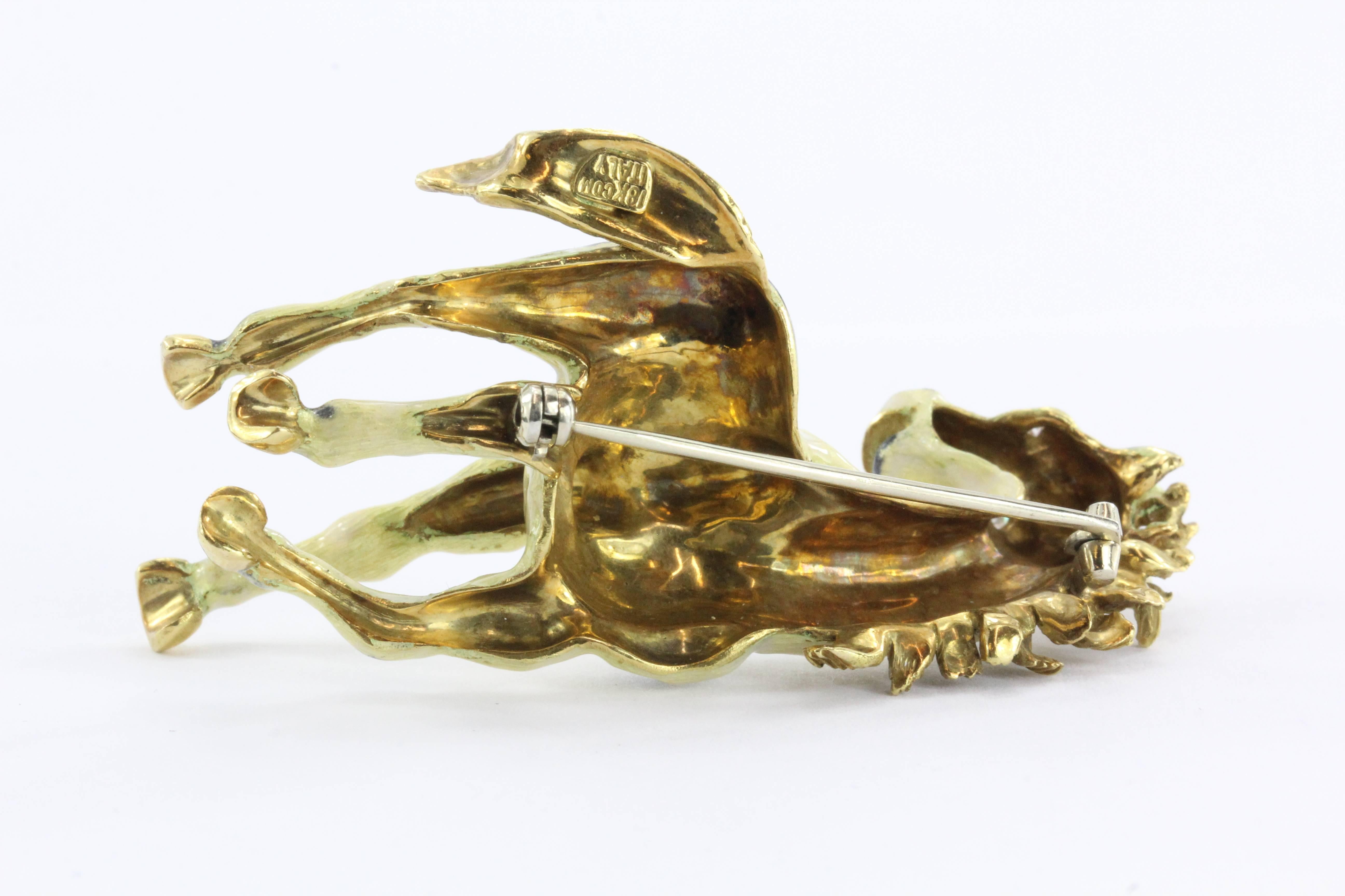 Women's 1970s Enamel Diamond Gold Paint Horse Brooch 