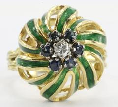 Enamel Sapphire Diamond Gold Floral Flower Ring