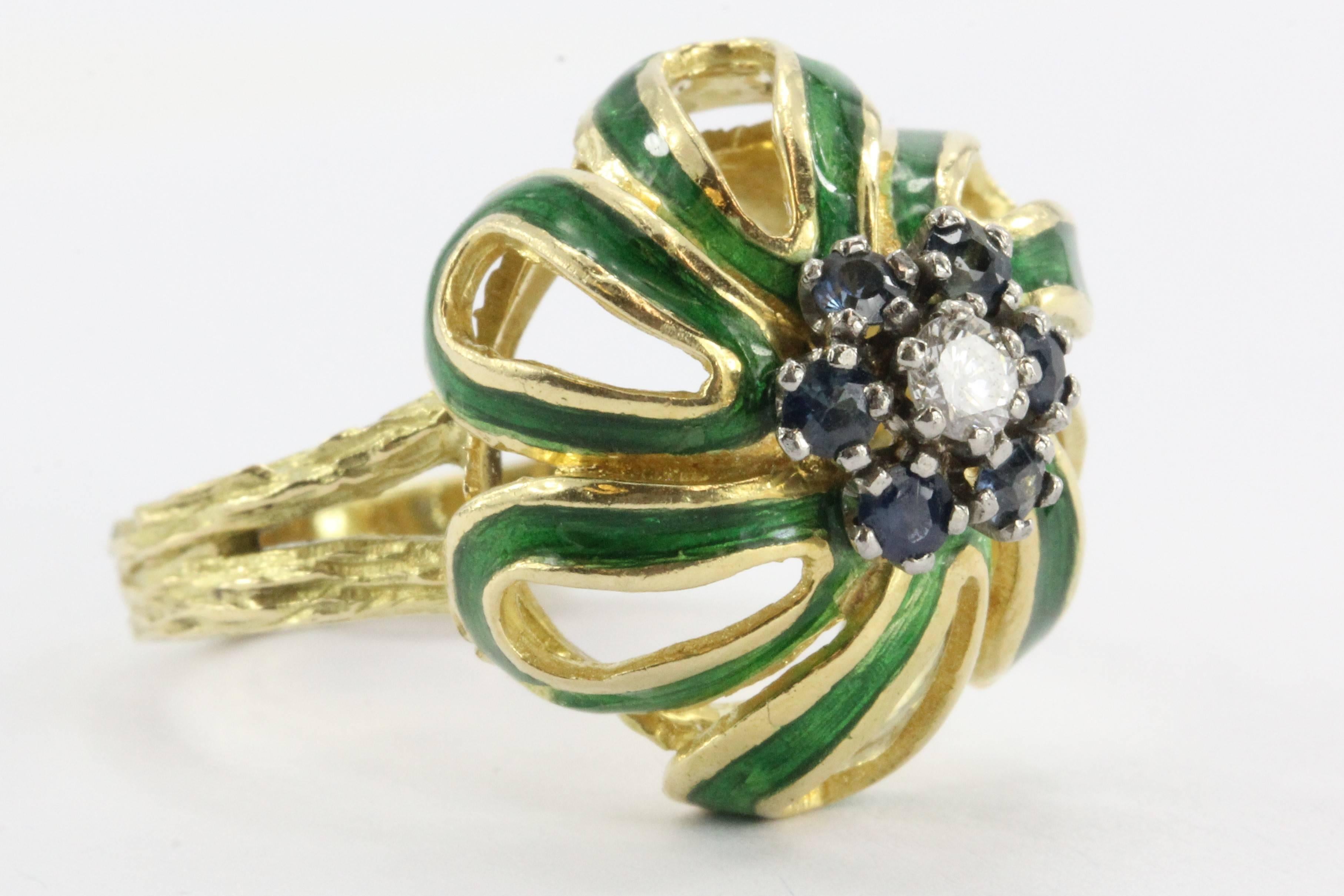 Modern  Enamel Sapphire Diamond Gold Floral Flower Ring 