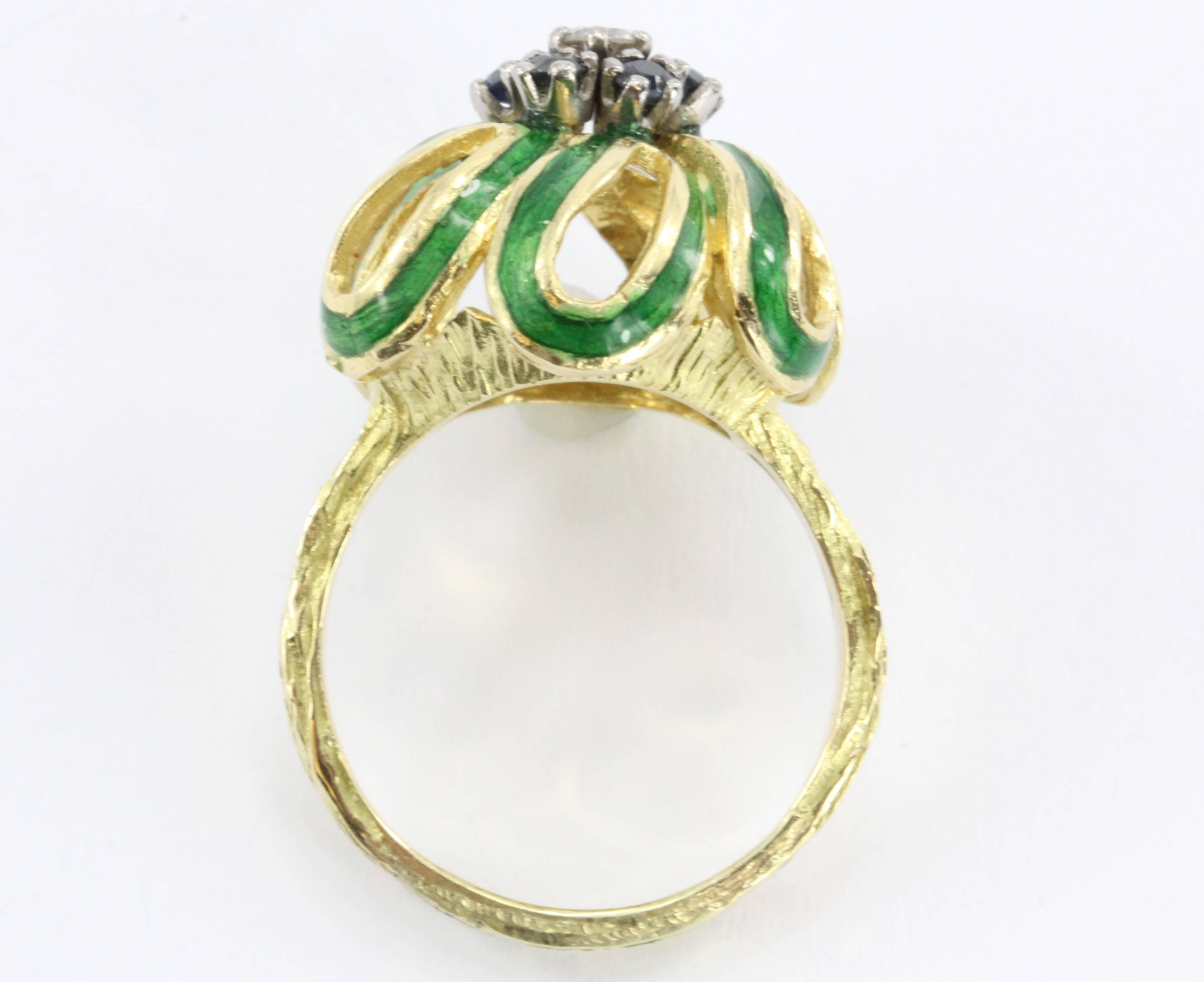 Women's  Enamel Sapphire Diamond Gold Floral Flower Ring 