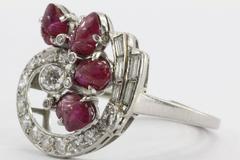 Unique Art Deco Tutti Frutti Style Carved Ruby Diamond Platinum Ring