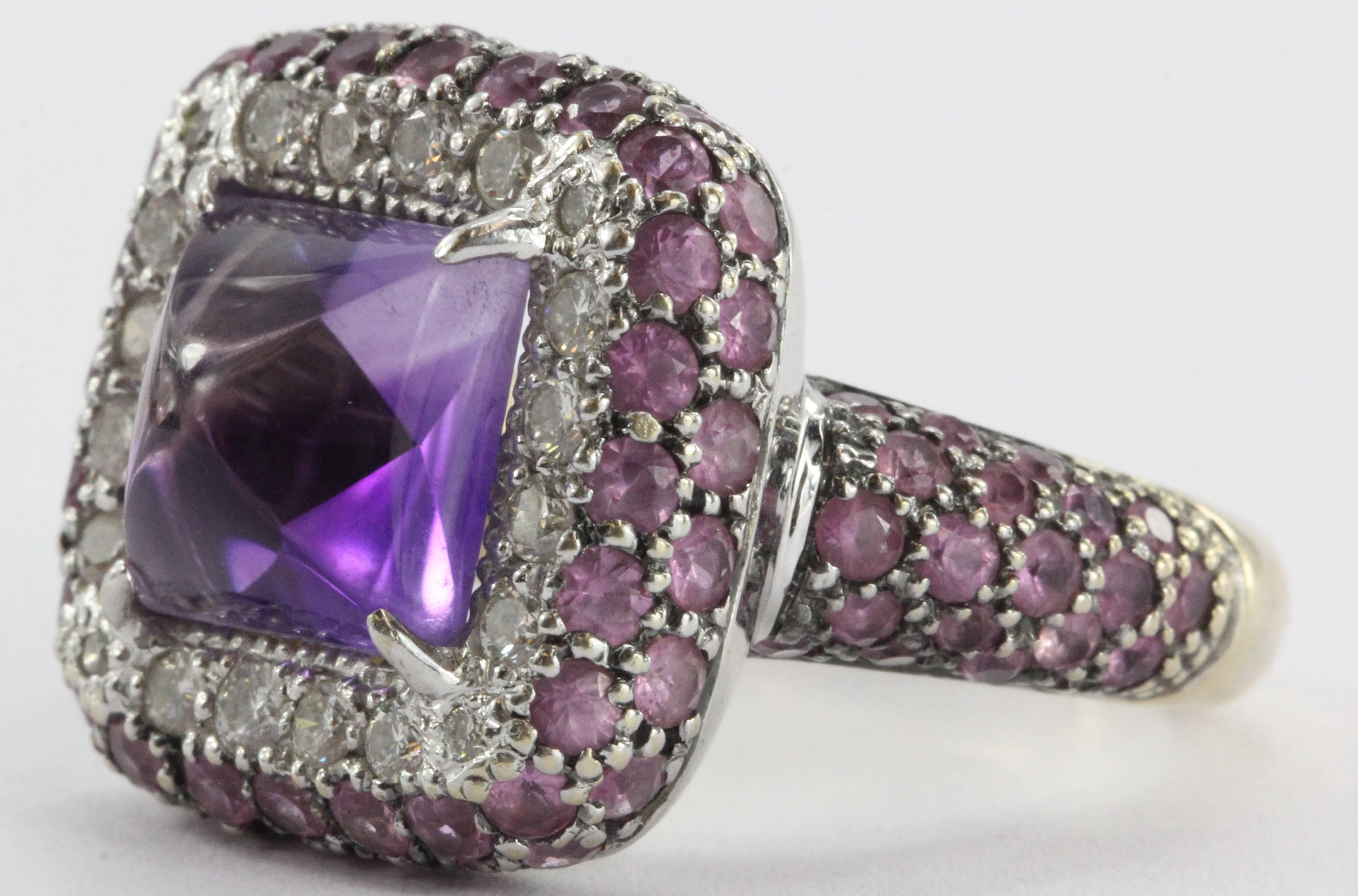 Impressive Modern Sugarloaf Amethyst Pink Sapphire Diamond Gold Ring In Excellent Condition In Cape May, NJ