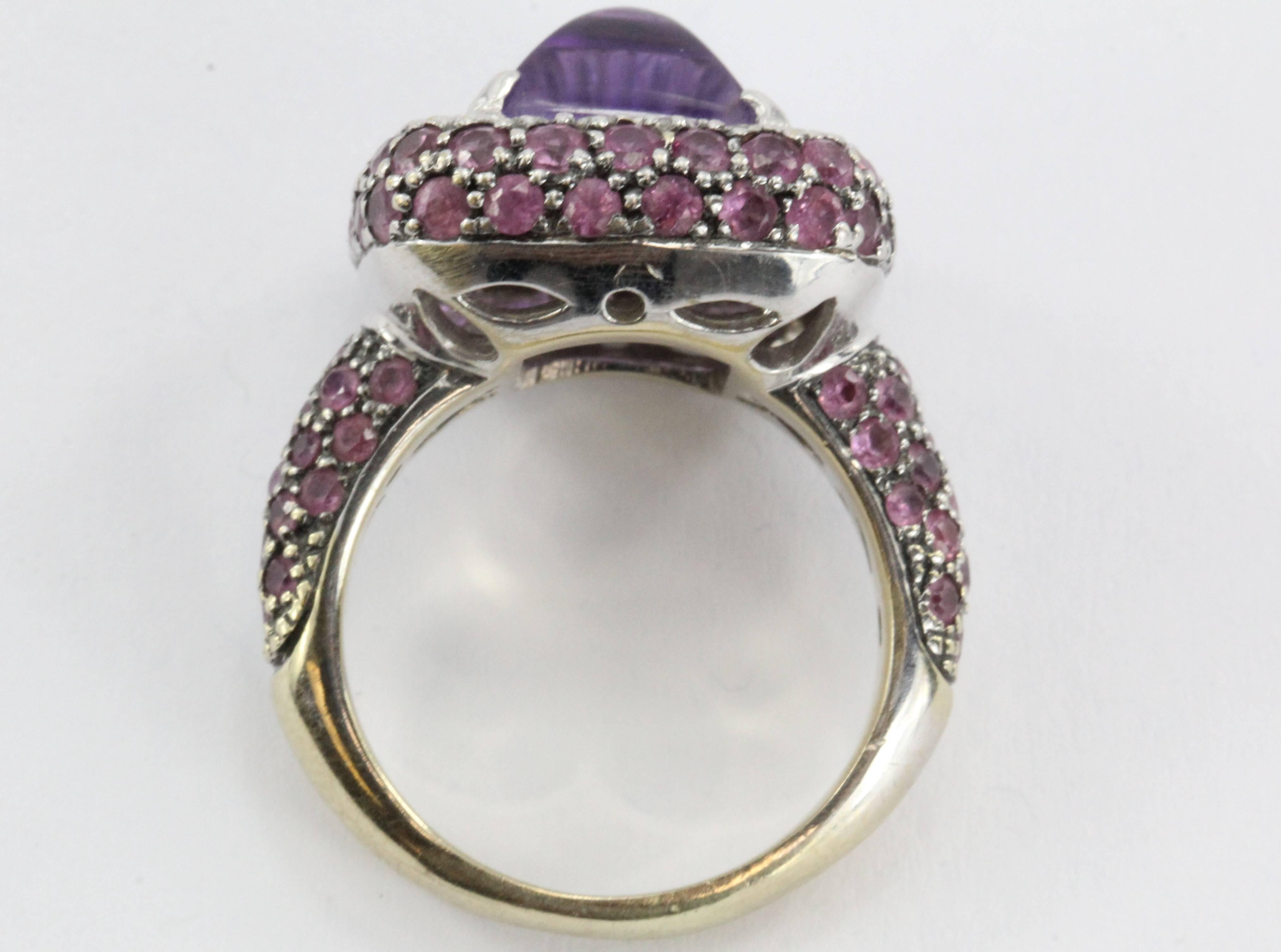 Impressive Modern Sugarloaf Amethyst Pink Sapphire Diamond Gold Ring 1