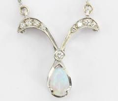  Antique Art Deco 14K White Gold Diamond & Opal Convertible Necklace