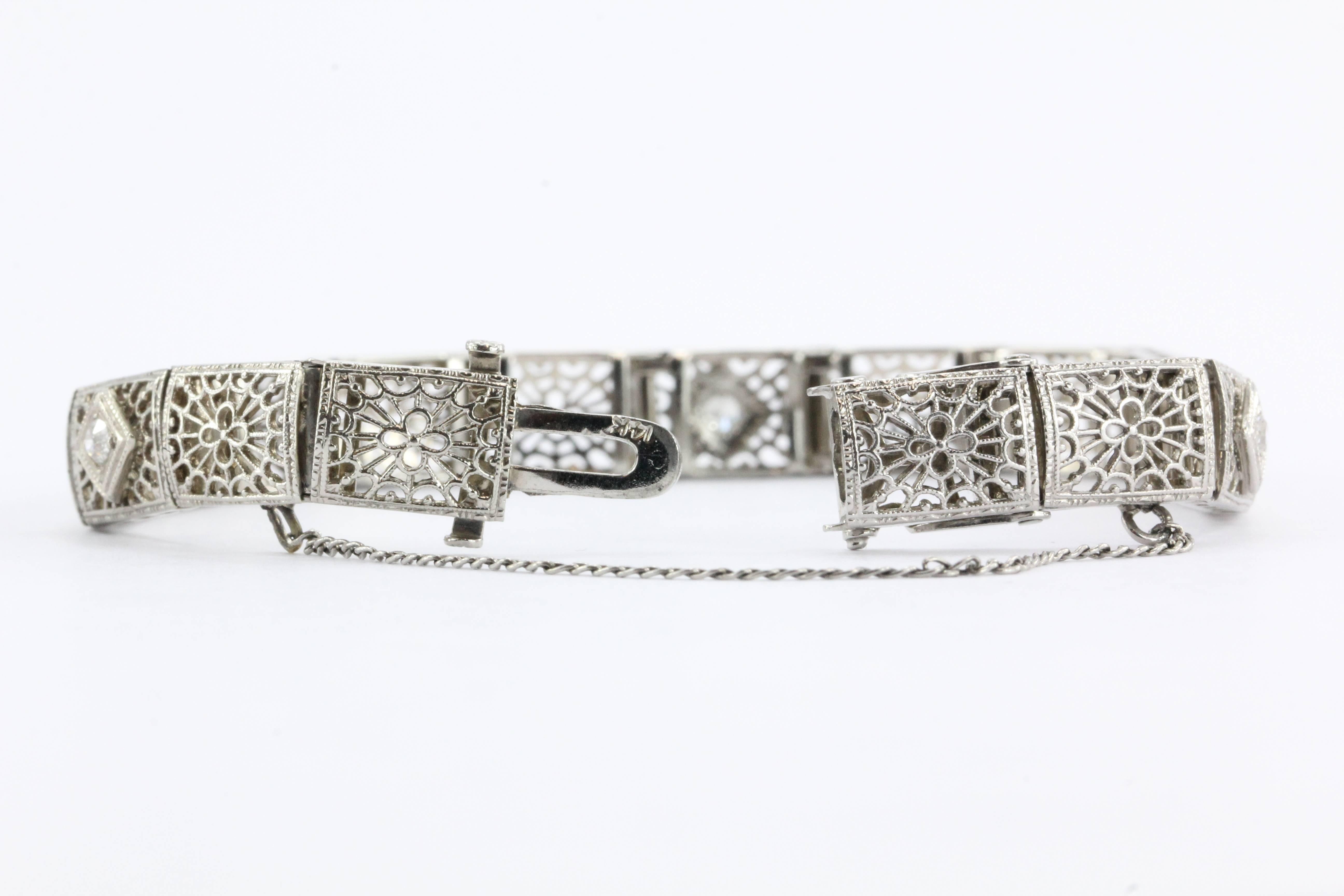 Antique Art Deco 14K White Gold & Old Mine Diamond Bracelet .50 TCW In Excellent Condition In Cape May, NJ