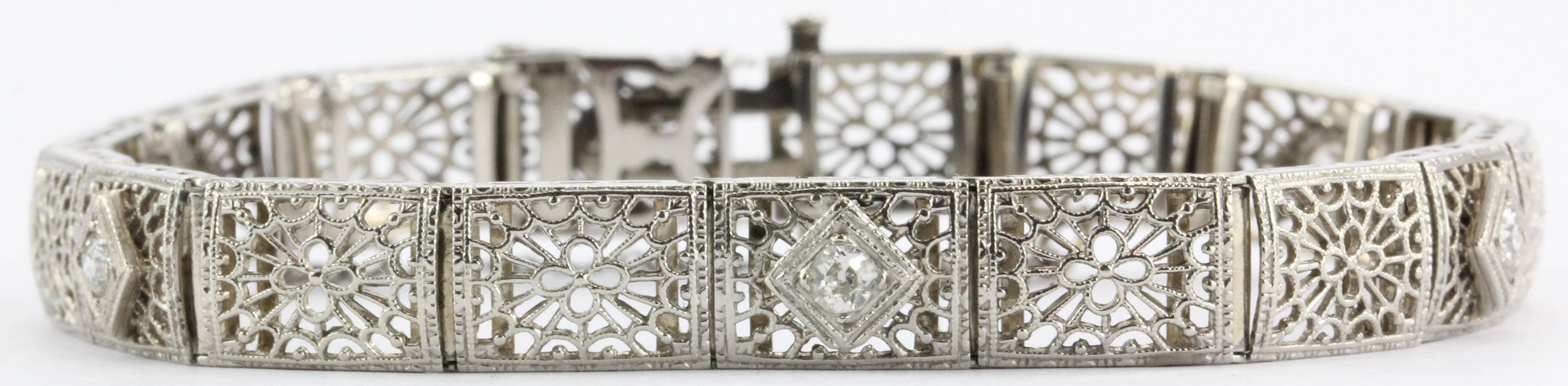 Women's Antique Art Deco 14K White Gold & Old Mine Diamond Bracelet .50 TCW