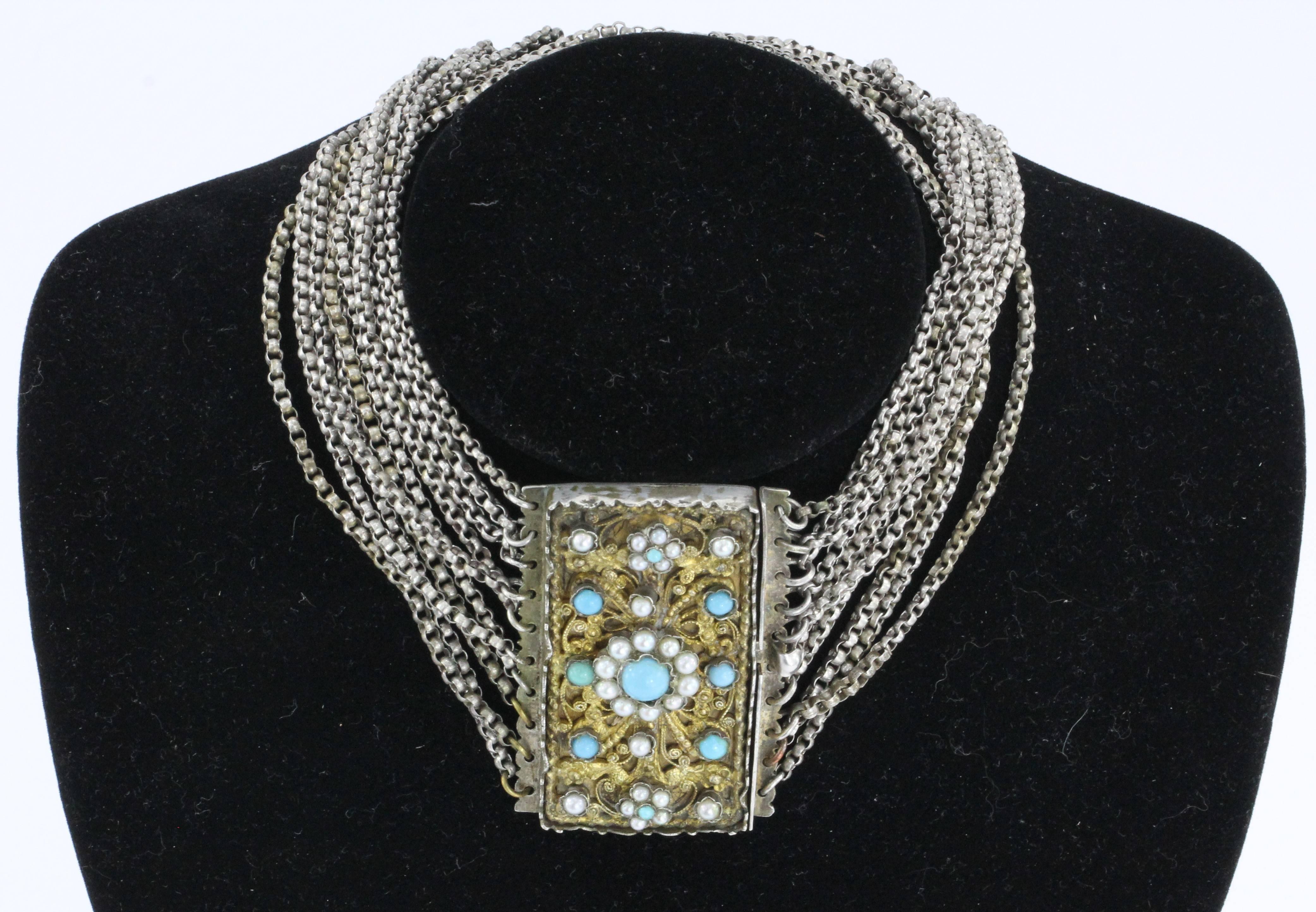 Antique 1840's Austrian Hungarian Silver Turquoise & Pearl Chunky Gilt Necklace. The piece is in excellent estate condition and ready to wear. The piece is hallmarked with the number 13. This is for the German / Austrian loth system and means the