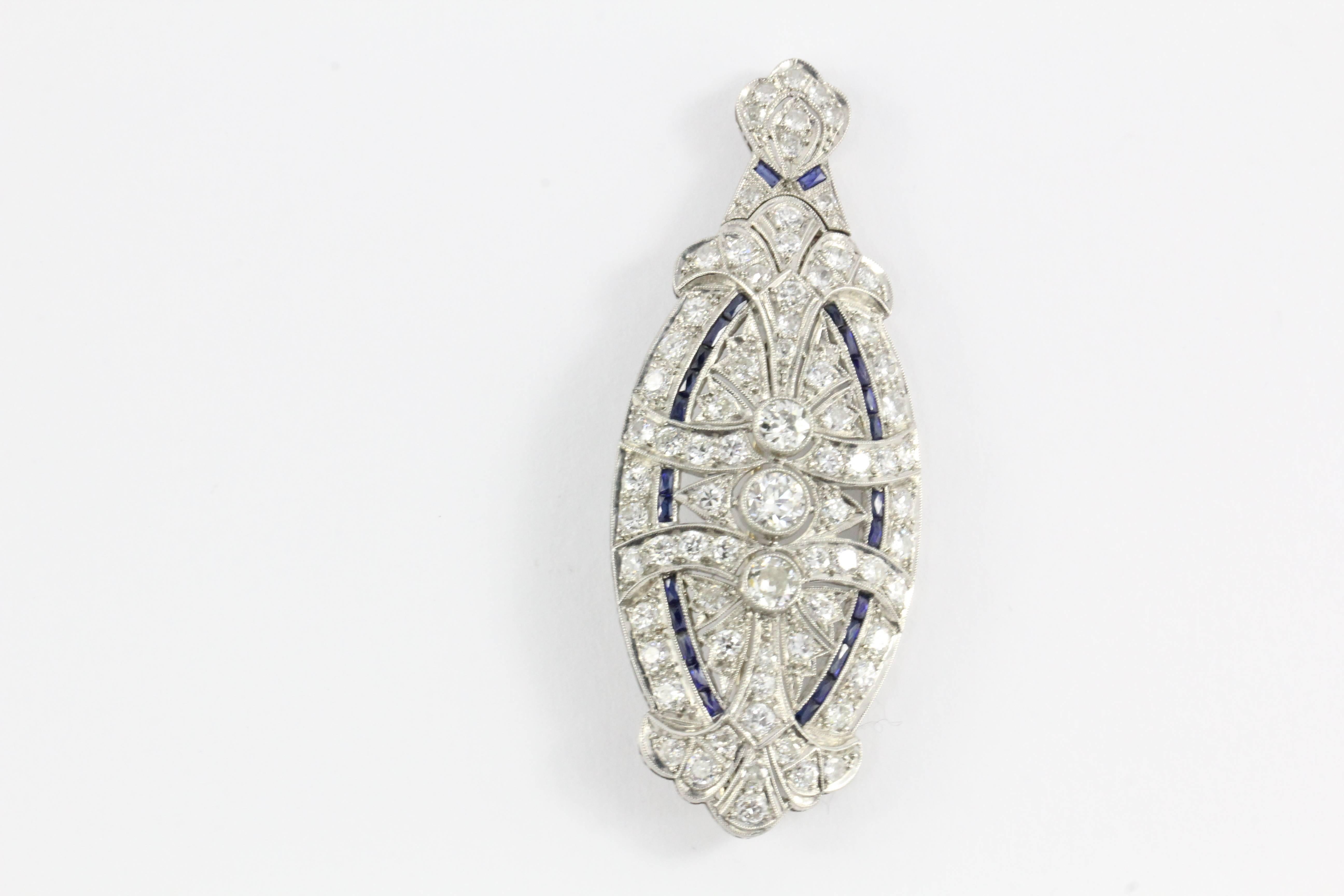 Edwardian Sapphire Diamond Platinum Convertible Pendant and Brooch 1