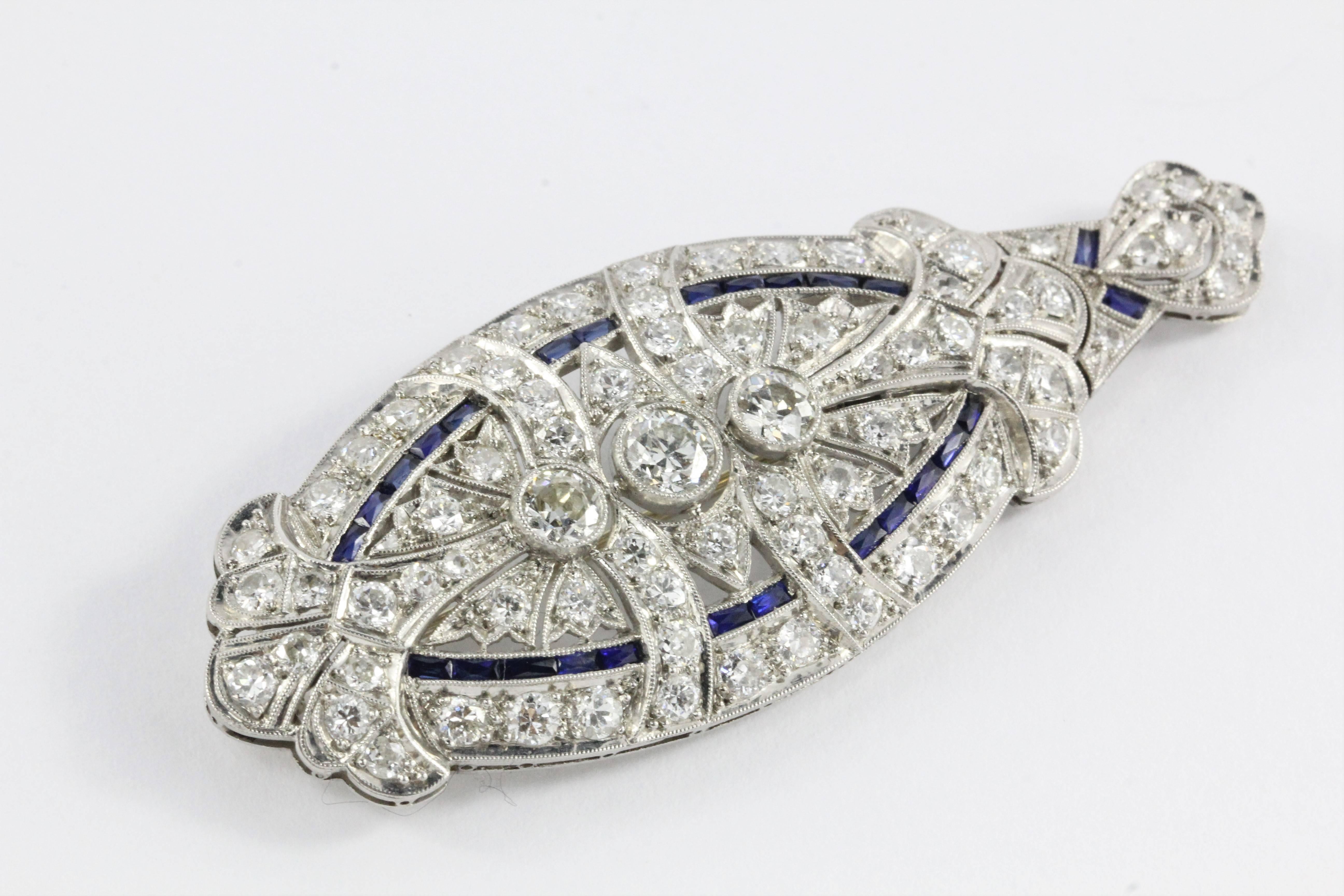 Edwardian Sapphire Diamond Platinum Convertible Pendant and Brooch 2