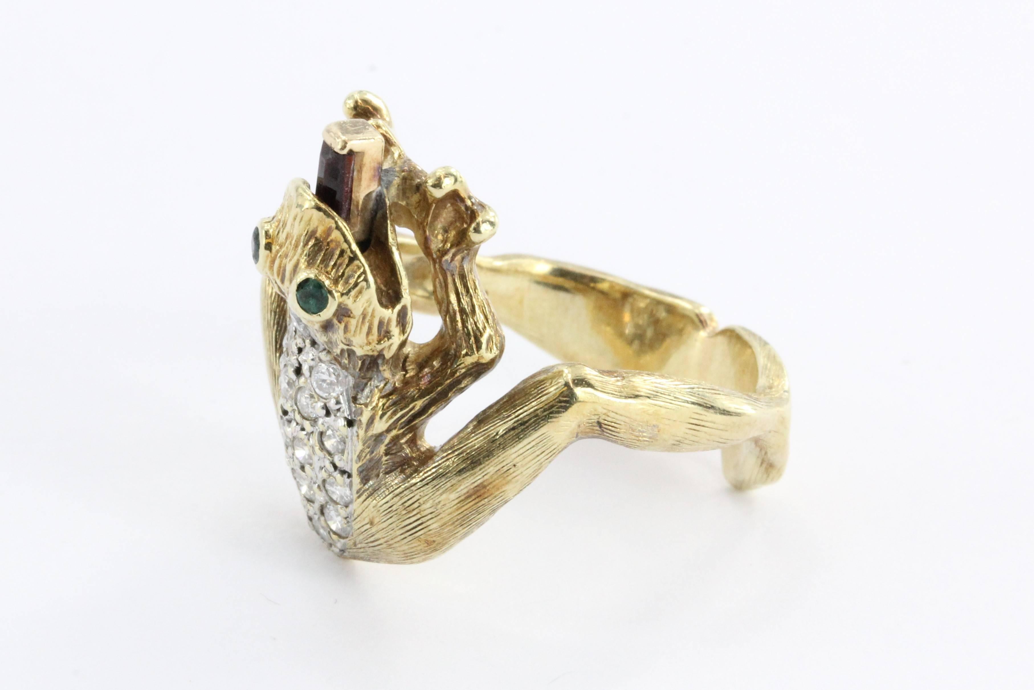 Whimsical Garnet Diamond Gold Frog Ring 2