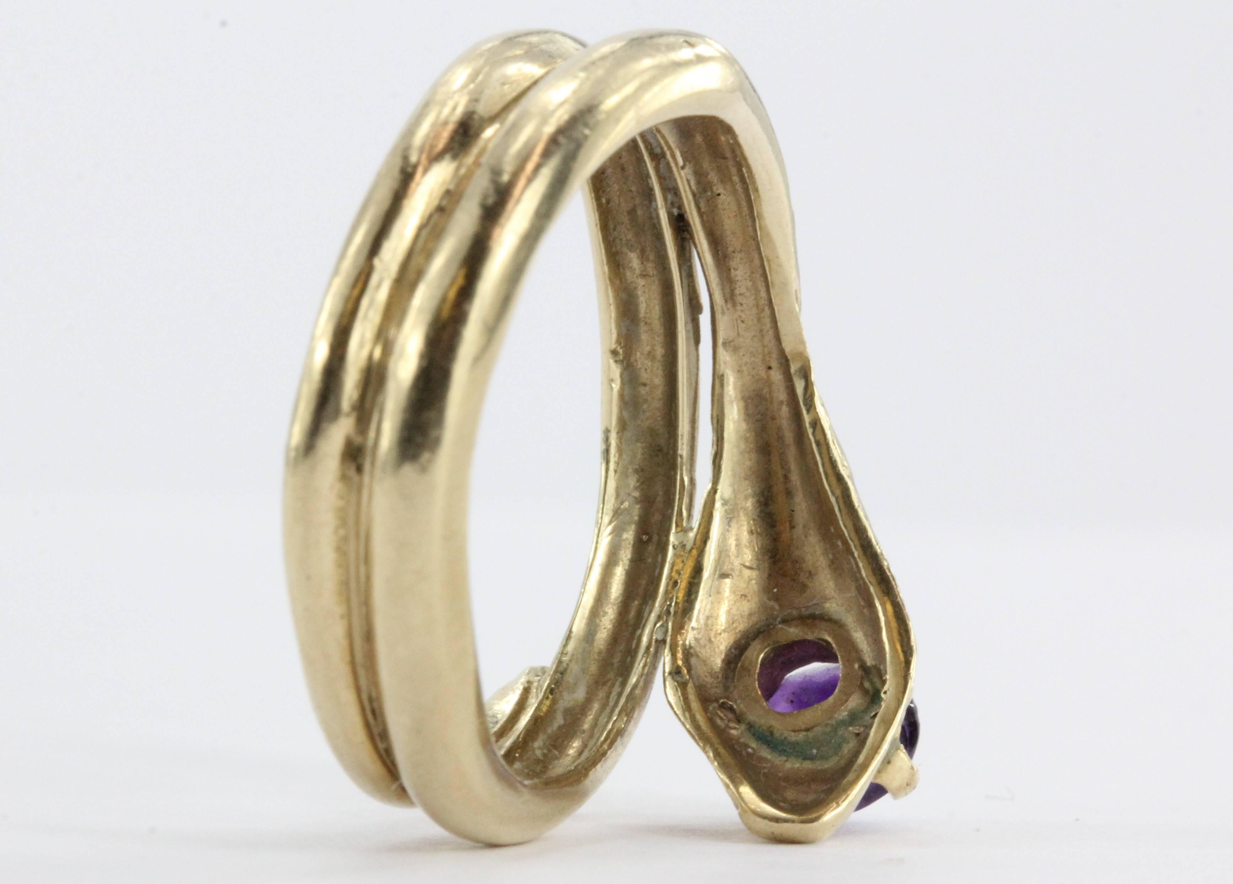 Amethyst Gold Figural Gothic Curled Coiled Snake Ring In Excellent Condition In Cape May, NJ