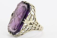 Antiker viktorianischer 14K Weißgold lila Amethyst Glas Kamee Ring