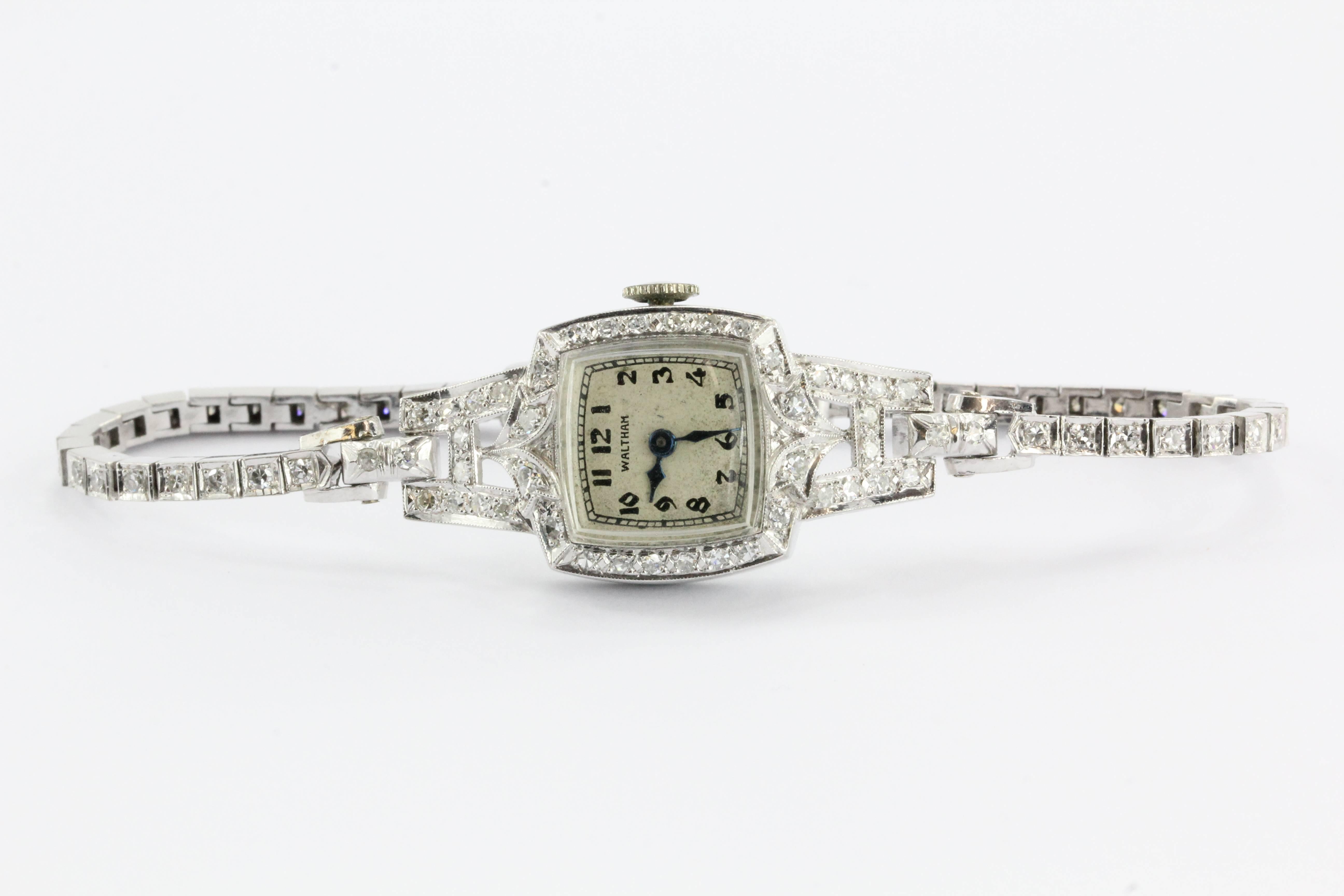 Antique Art Deco Platinum & 14K White Gold Diamond 17 Jewel Waltham Watch In Good Condition In Cape May, NJ