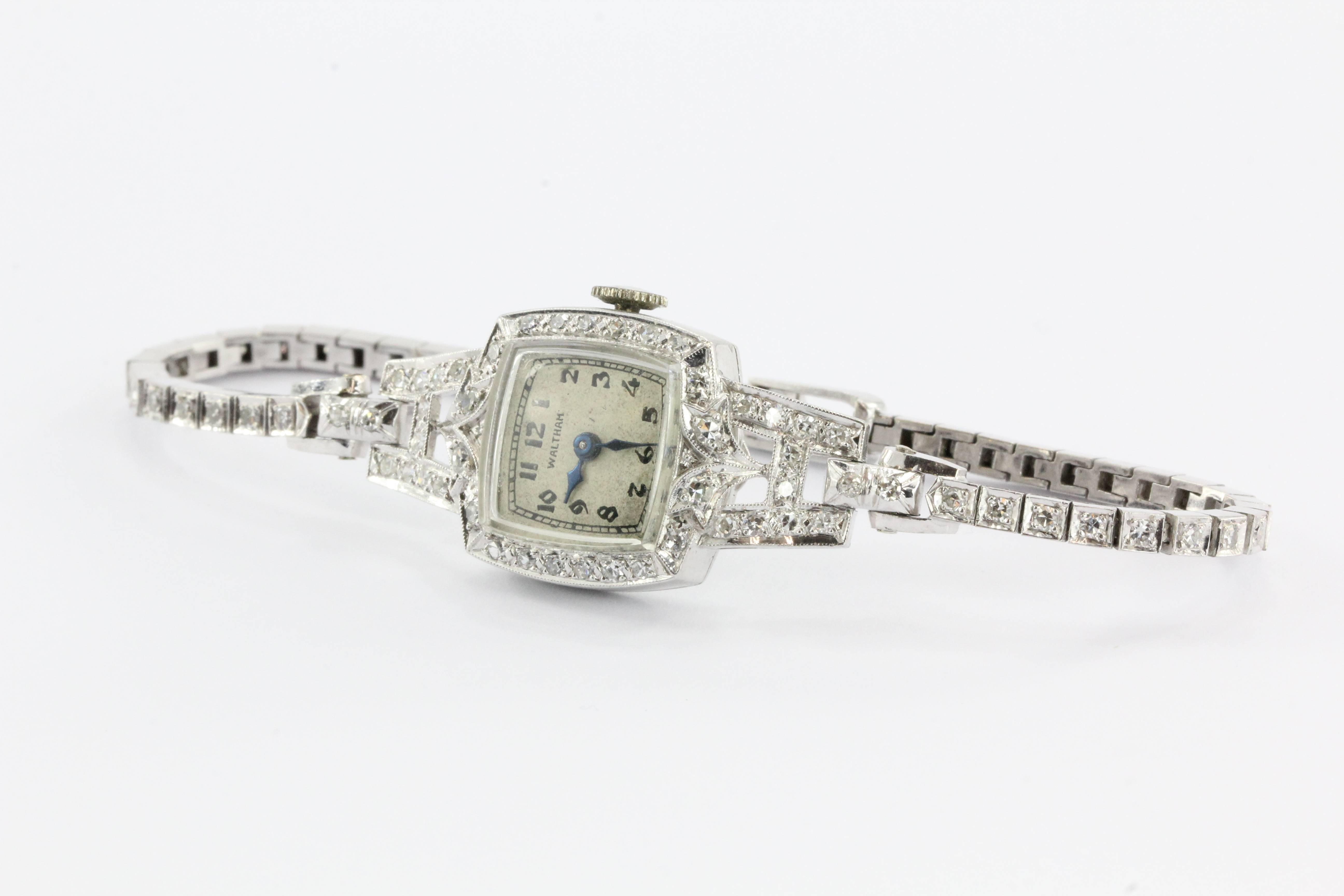 Antique Art Deco Platinum & 14K White Gold Diamond 17 Jewel Waltham Watch. The actual watch is not working and will need to be serviced. The case and band are in excellent condition. The case is made of 90% Platinum 10% Iridium and hallmarked