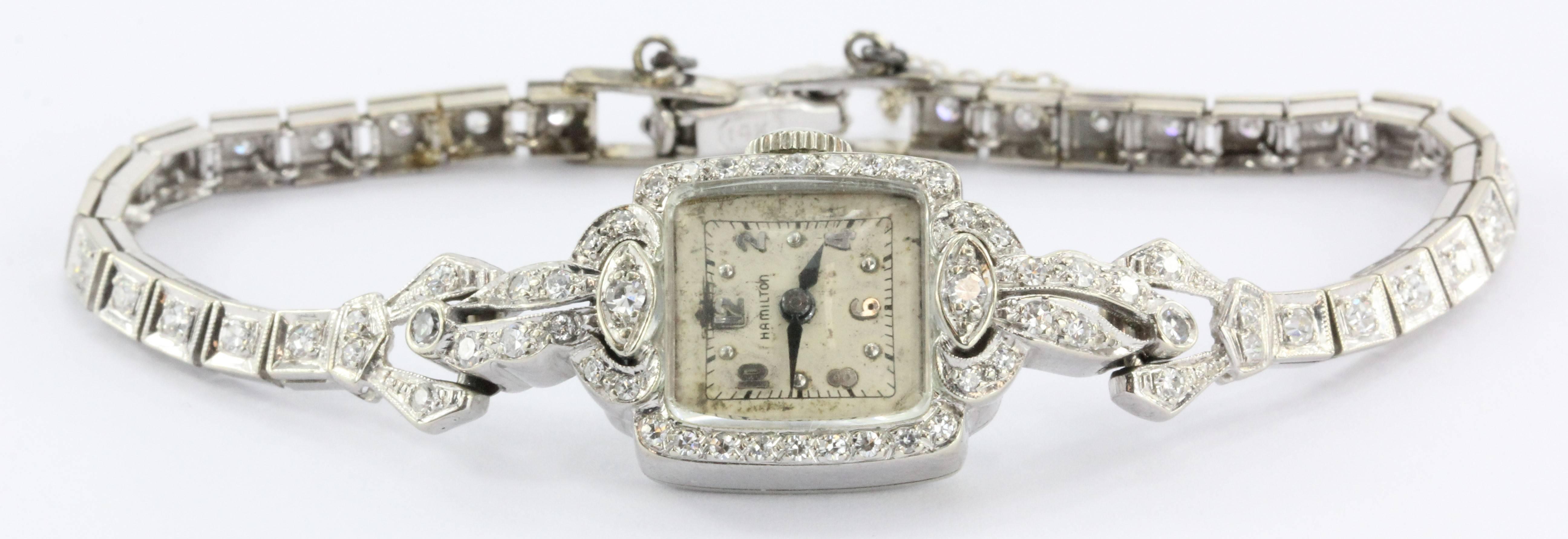 Antique 14K White Gold & Diamond 17 Jewel Hamilton Watch