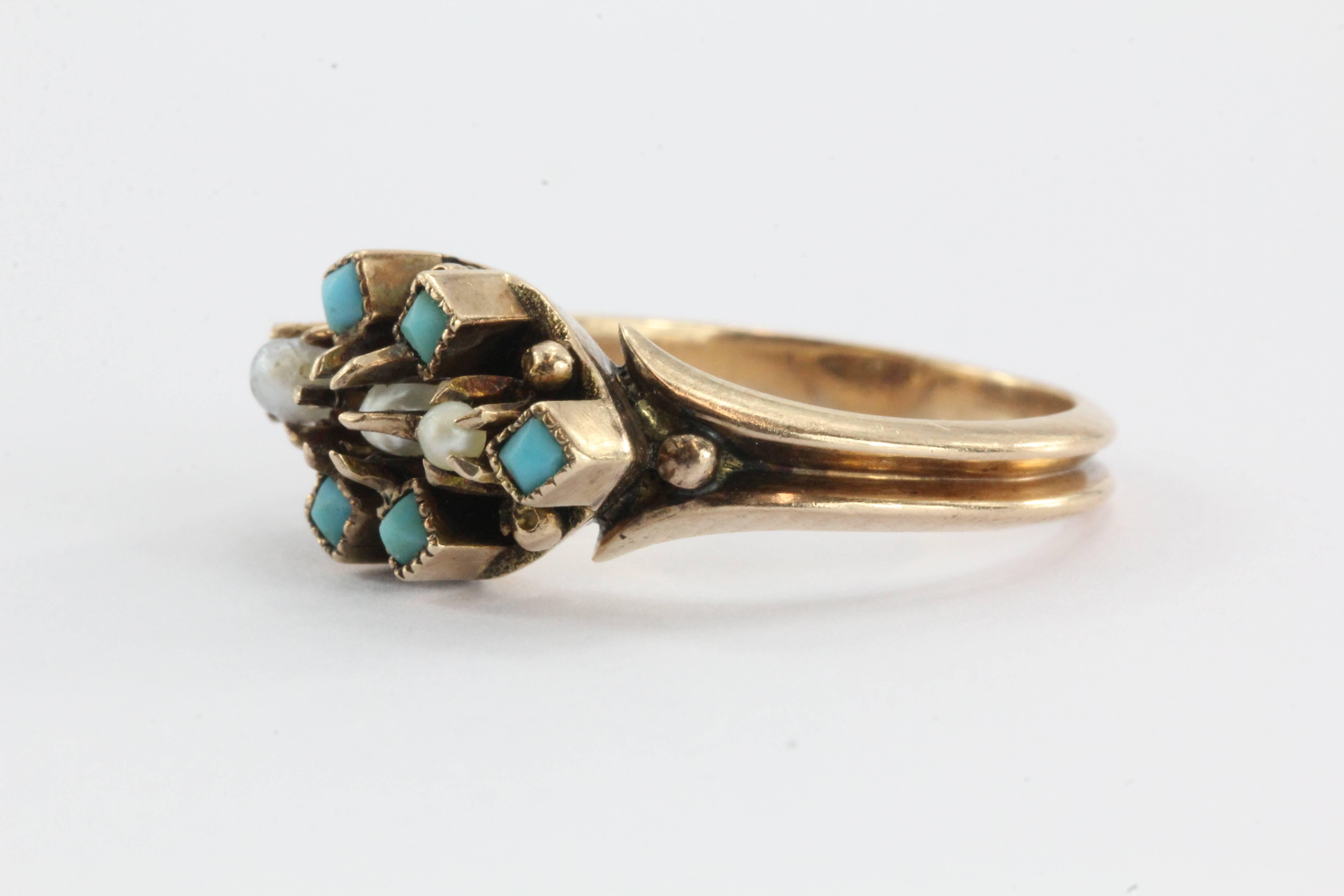 Antique Victorian 9ct rose gold Seed Pearl & Persian Turquoise Ring. The ring is in excellent estate condition and ready to wear. It is set with 3 natural seed pearls and 6 sugarloaf cut pieces of Persian turquoise. The ring is not signed anywhere