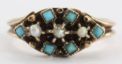 Victorian 9ct gold Seed Pearl & Persian Turquoise Ring