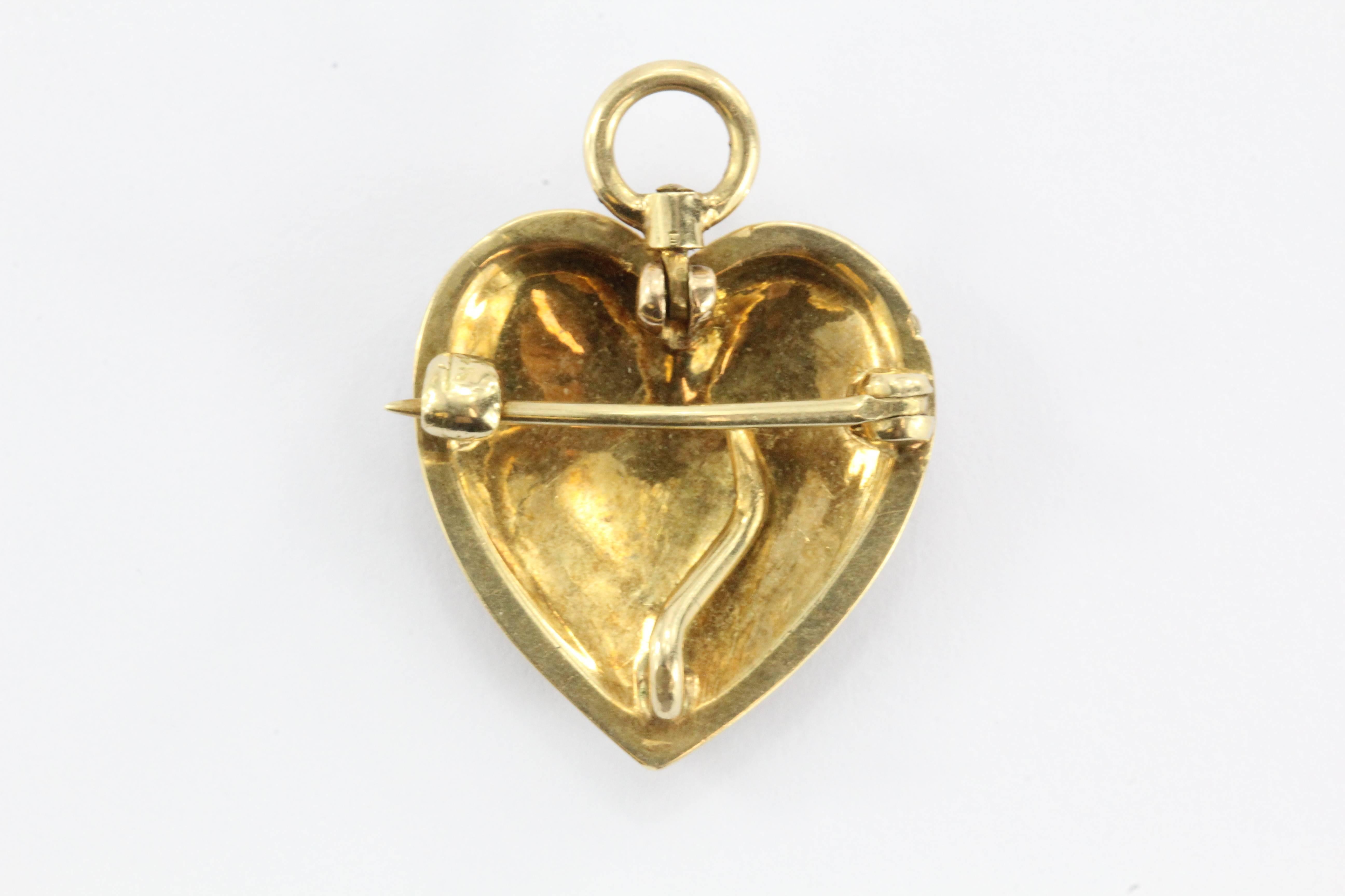 Antique Art Nouveau 14K Gold & Seed Pearl Studded Heart Pendant, Pin Hallmarked In Excellent Condition In Cape May, NJ