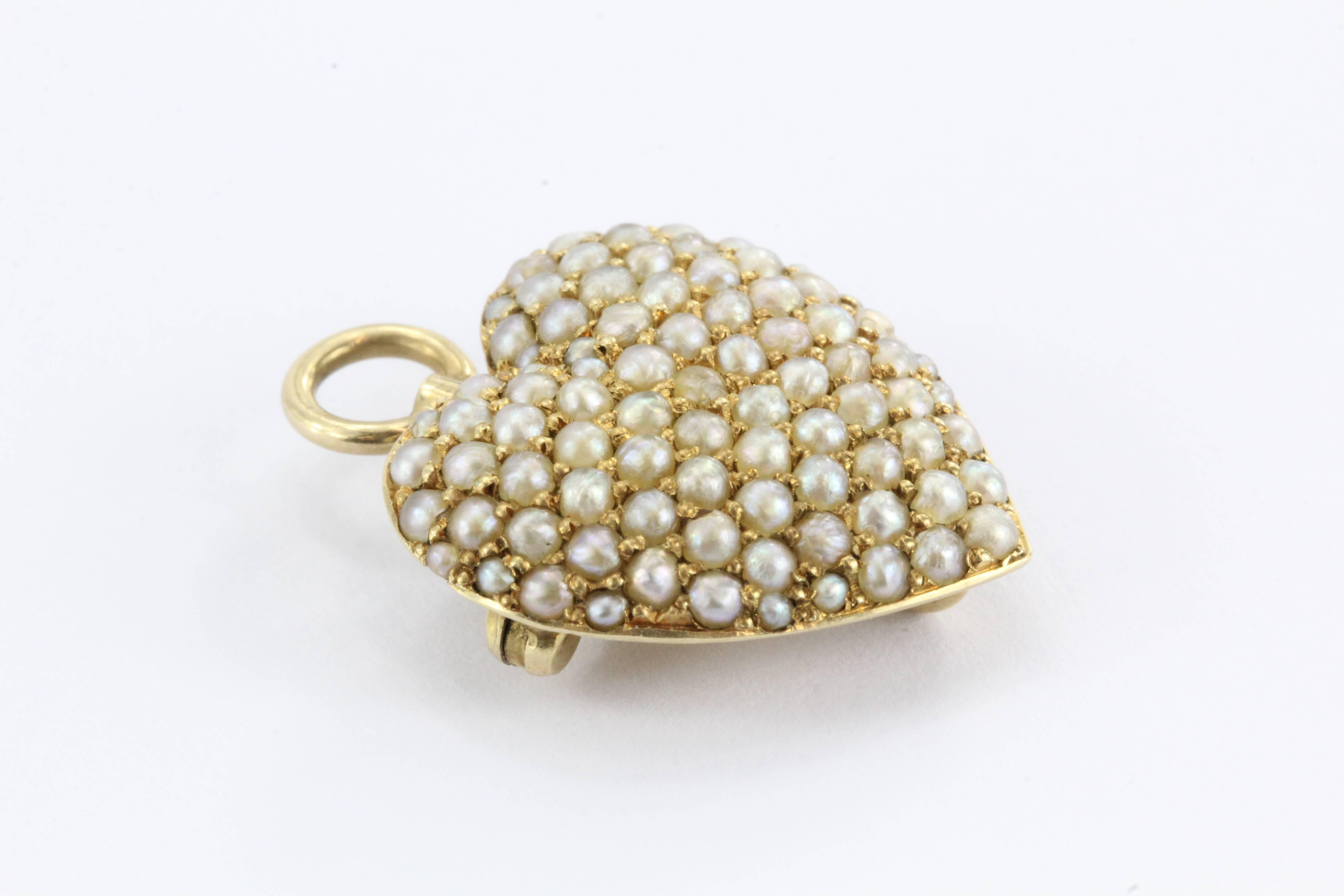 Women's Antique Art Nouveau 14K Gold & Seed Pearl Studded Heart Pendant, Pin Hallmarked