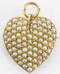 Antique Art Nouveau 14K Gold & Seed Pearl Studded Heart Pendant, Pin Hallmarked
