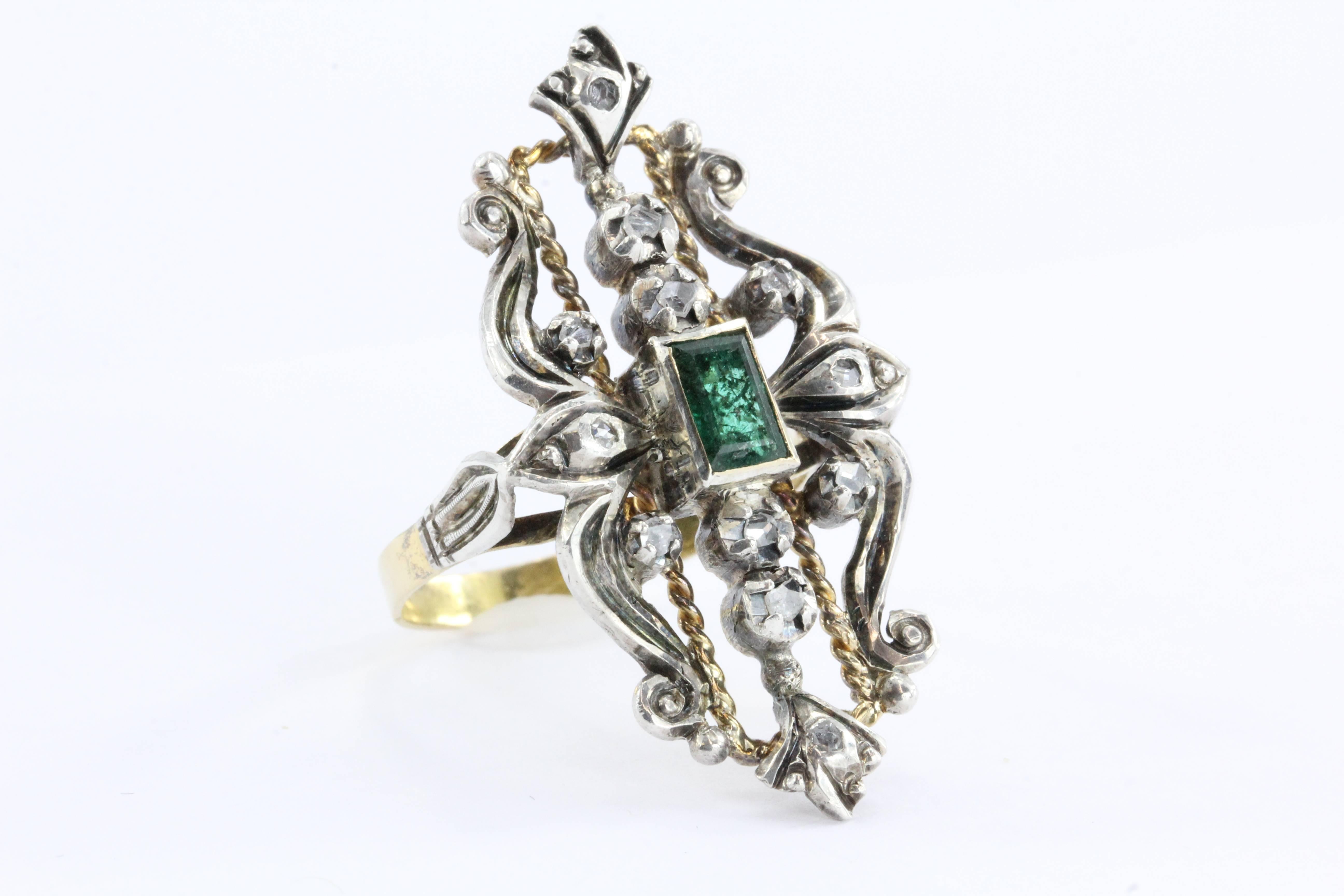19th Century Victorian Emerald & Rose Cut Diamond Ring In Excellent Condition In Cape May, NJ