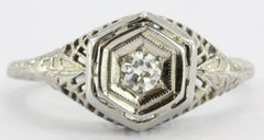 Antique 18K White Gold Hexagon Shape Art Deco Old European Cut Diamond Ring