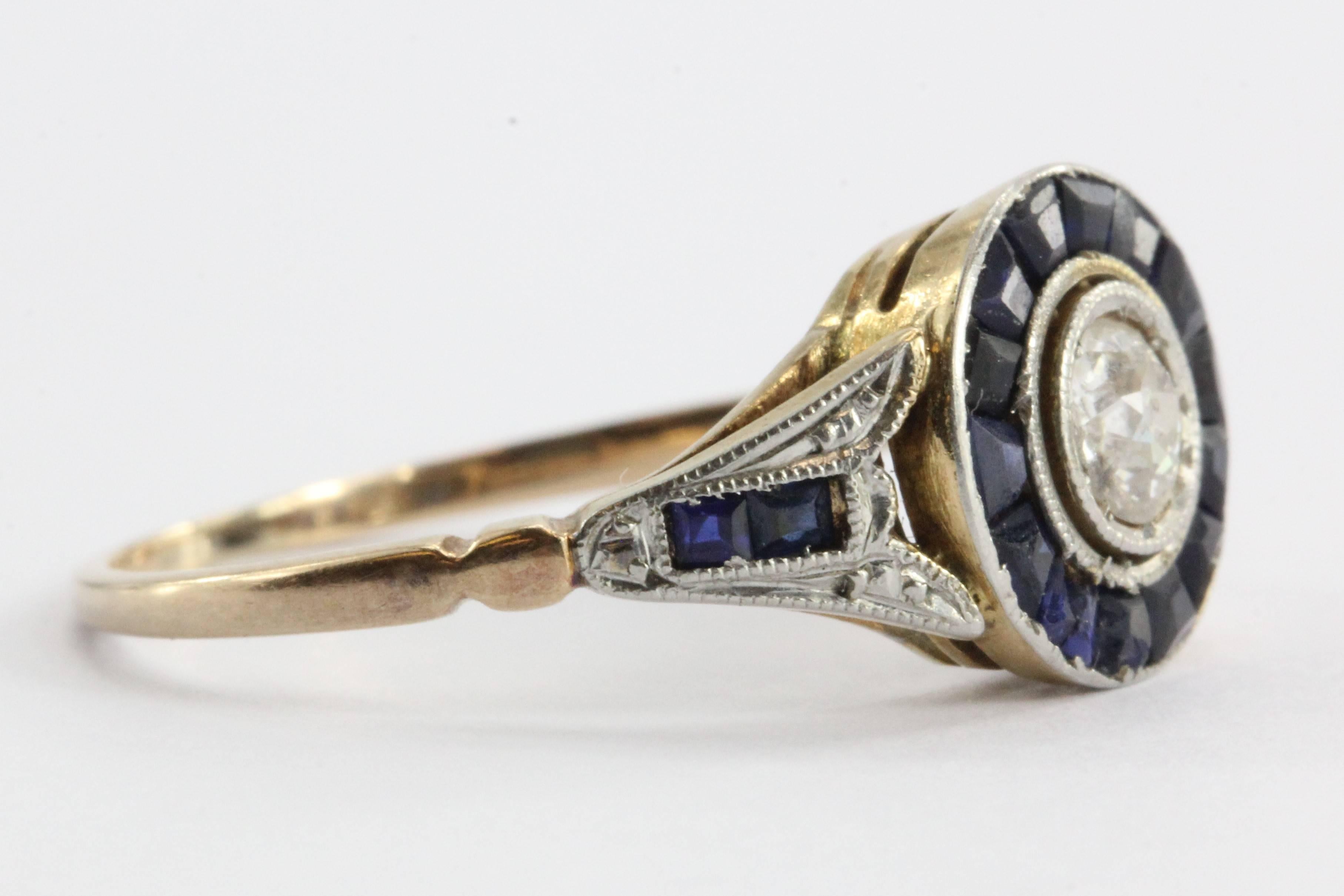 Art Deco Calibre Blue Sapphire Diamond Gold Platinum Ring In Excellent Condition In Cape May, NJ