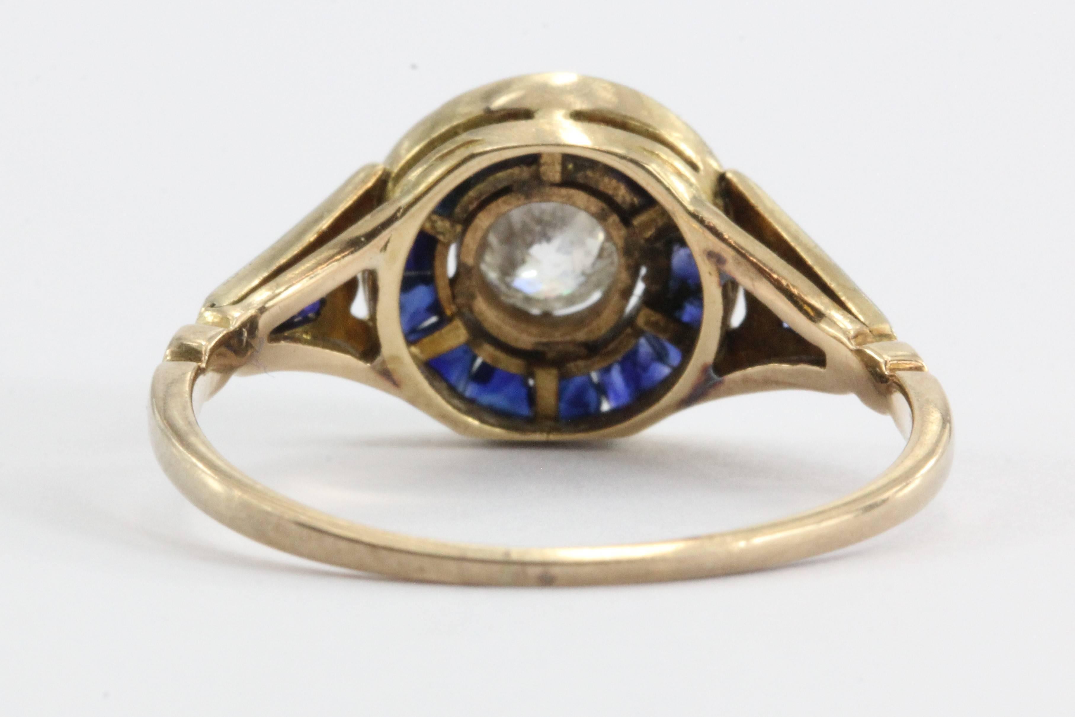Women's Art Deco Calibre Blue Sapphire Diamond Gold Platinum Ring