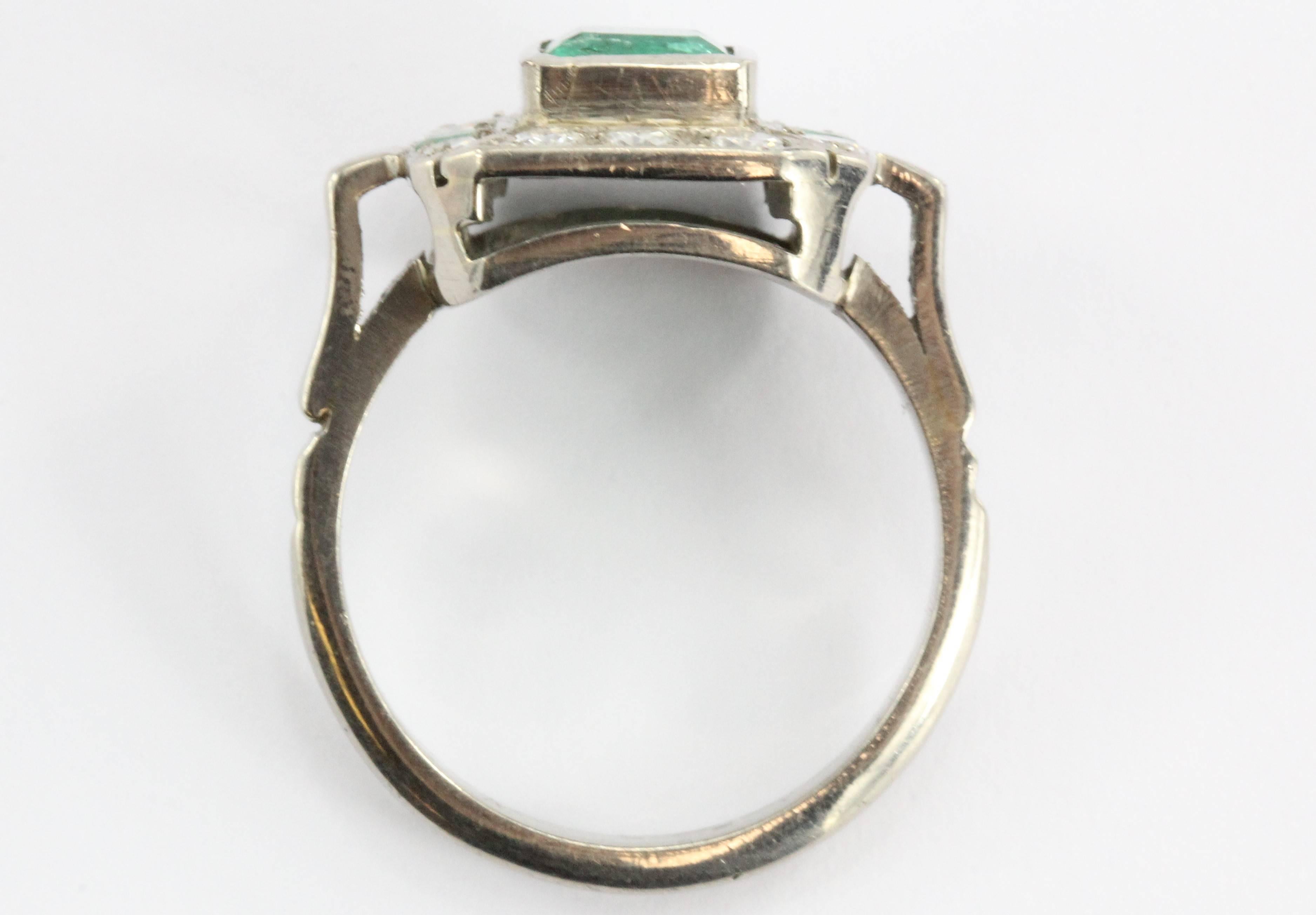 Art Deco Emerald Diamond Platinum Engagement Ring 1