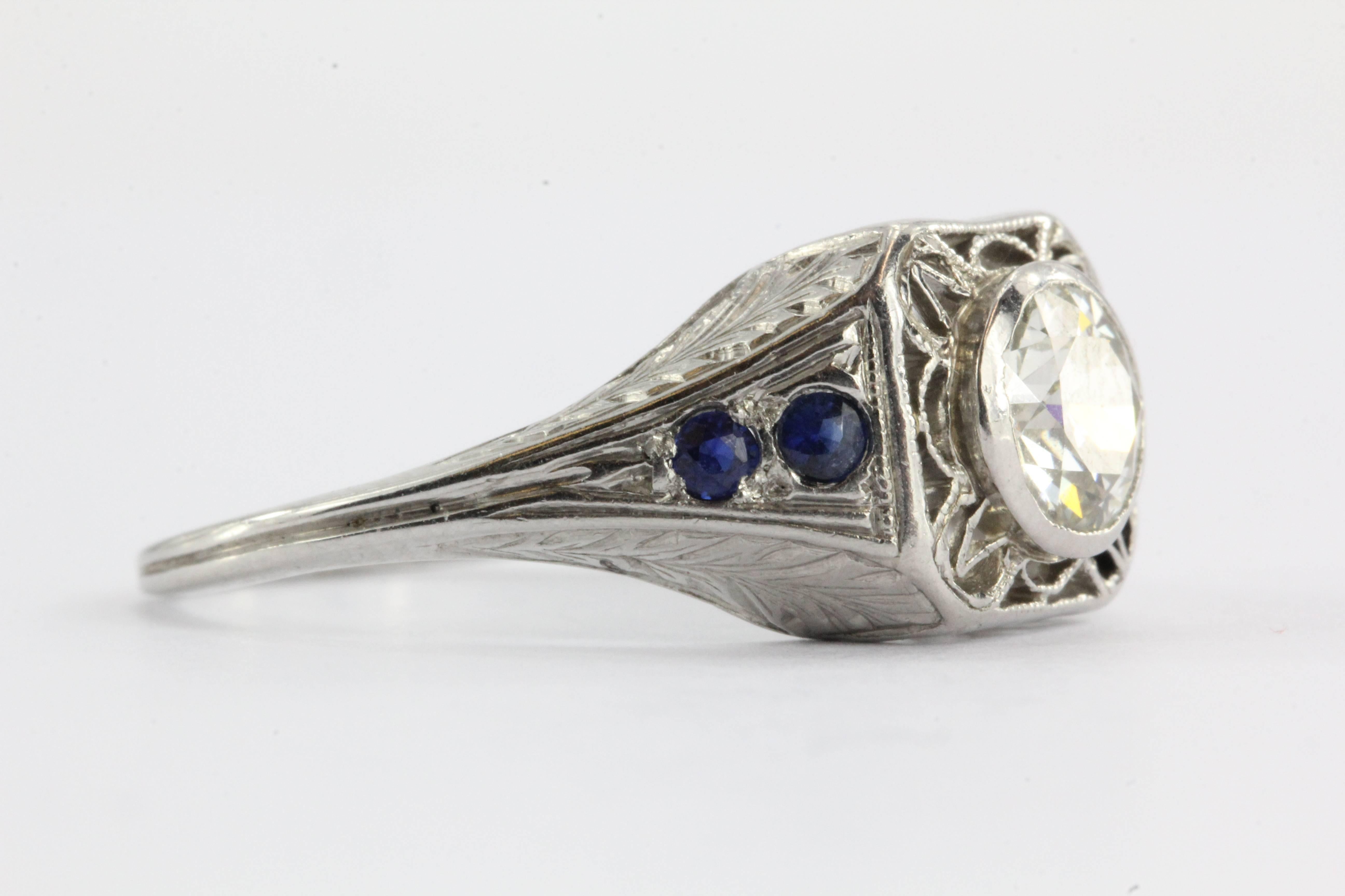 Art Deco 1920s 1.04 Carat Old European Diamond Sapphire Platinum Engagement Ring
