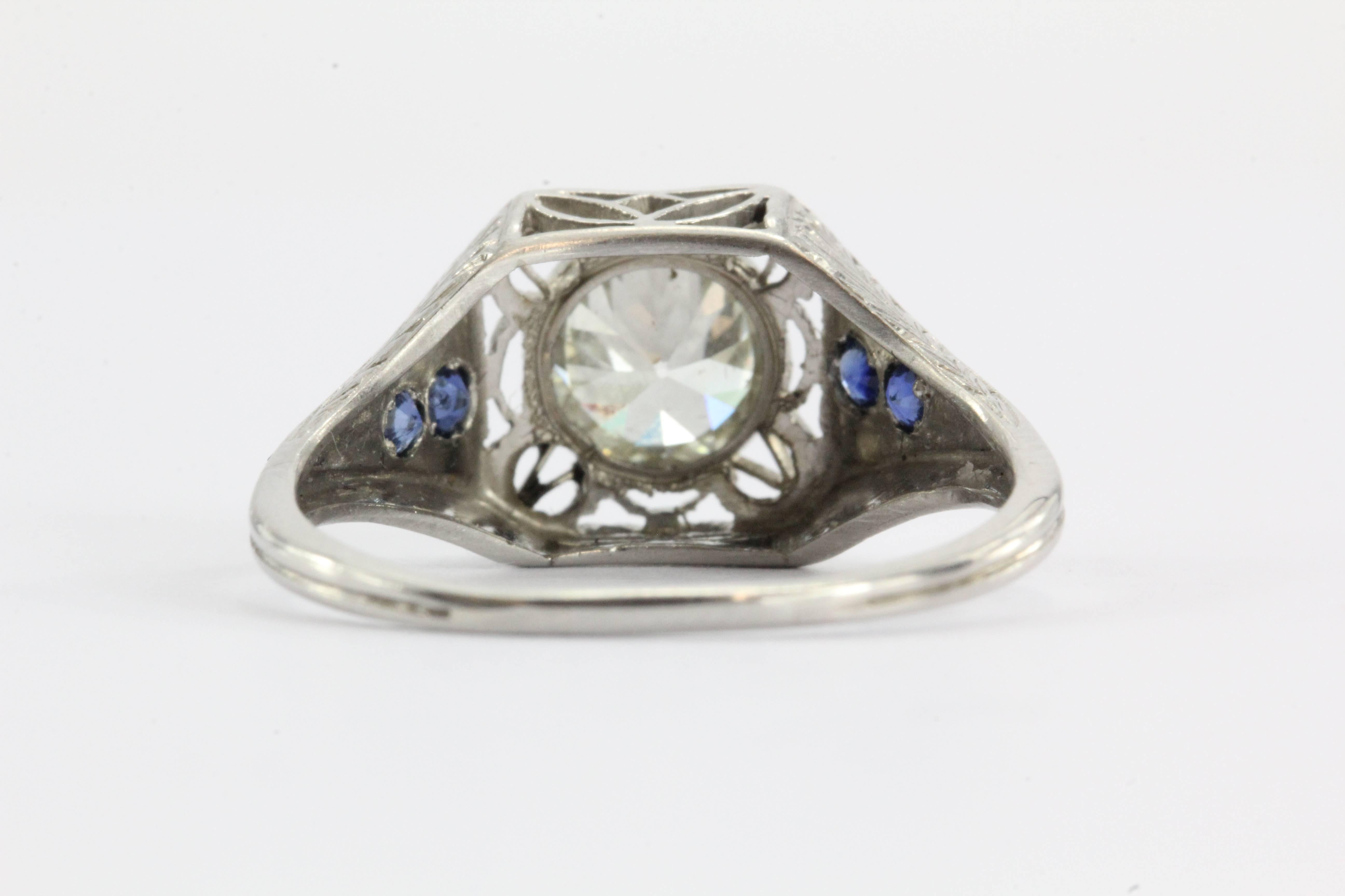 1920s 1.04 Carat Old European Diamond Sapphire Platinum Engagement Ring In Excellent Condition In Cape May, NJ