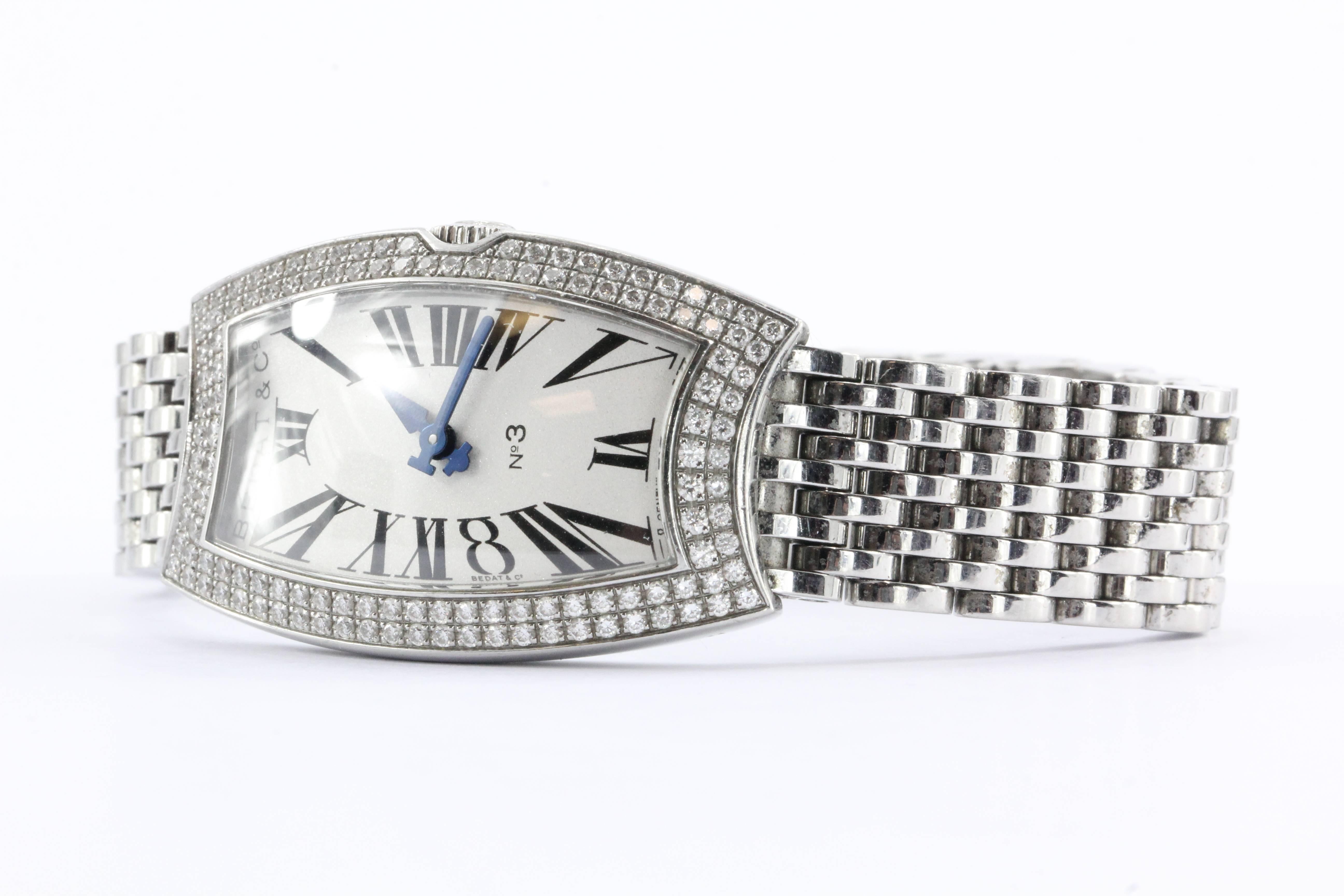 Bedat No 3 Diamond Bezel Stainless Steel Watch. The watch is in great used running estate condition. There are only minimal signs of wear and use. 

Description:
-- Elongated tonneau-shaped case, waisted at 6 o'clock and 12 o'clock
--