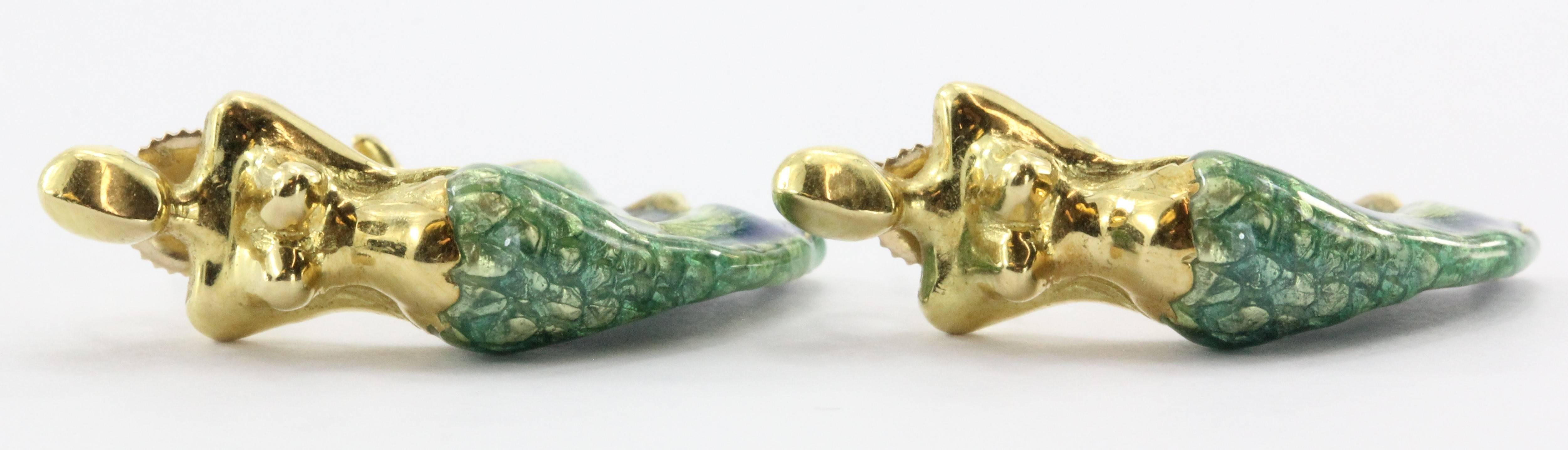 Women's Custom Blue & Green Enamel Gold Figural Mermaid Earrings