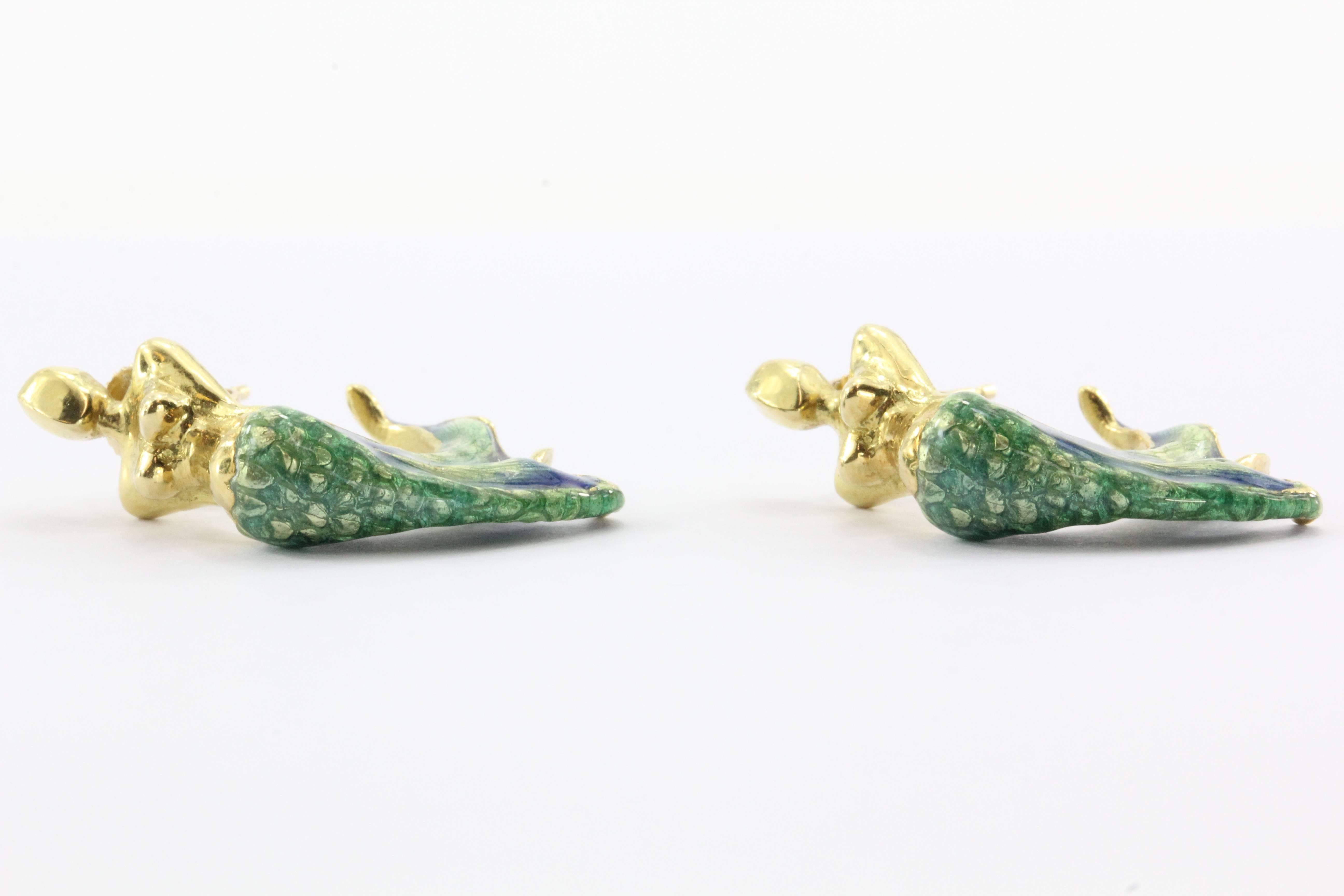 Custom Blue & Green Enamel Gold Figural Mermaid Earrings 1