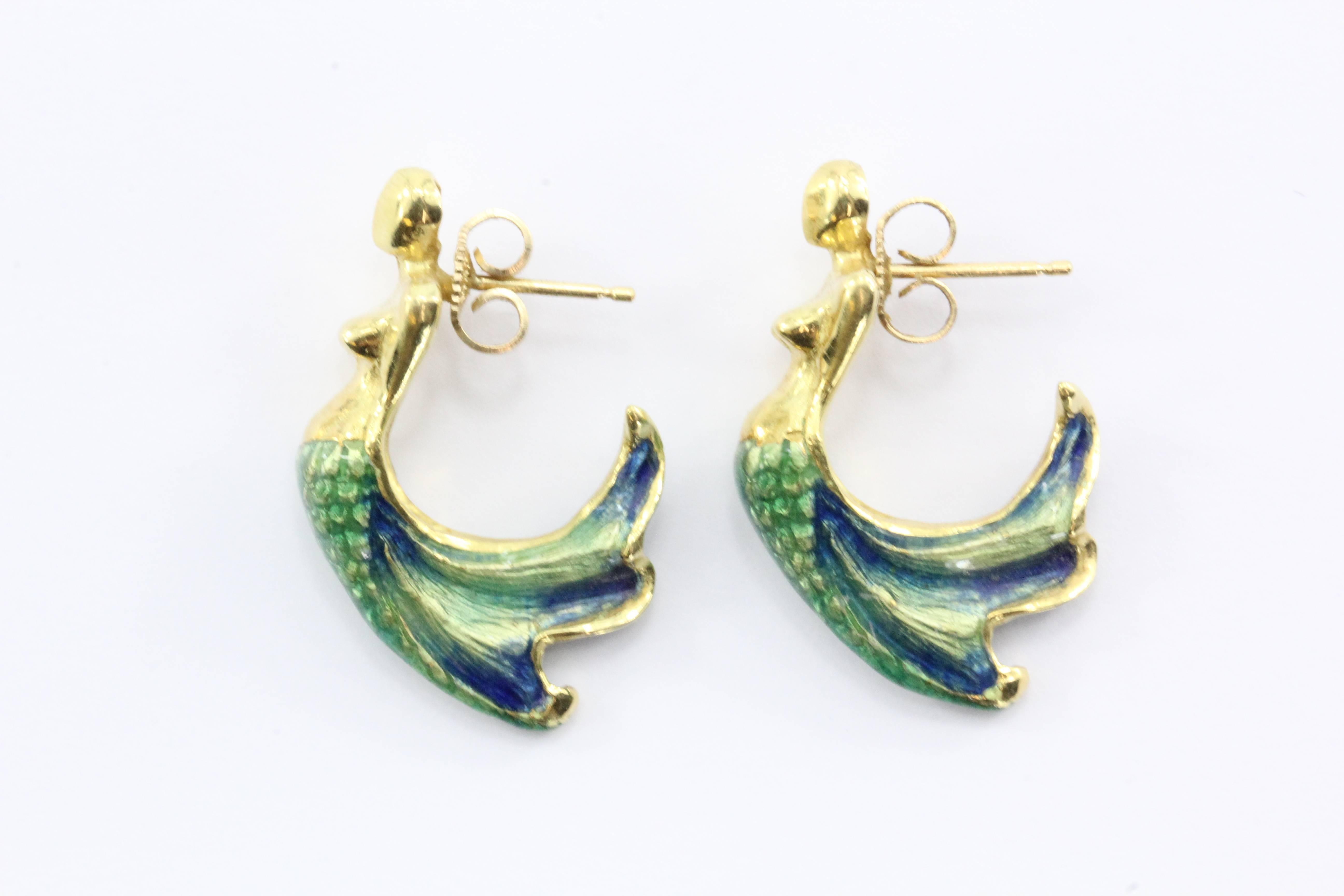 Custom Blue & Green Enamel Gold Figural Mermaid Earrings 3