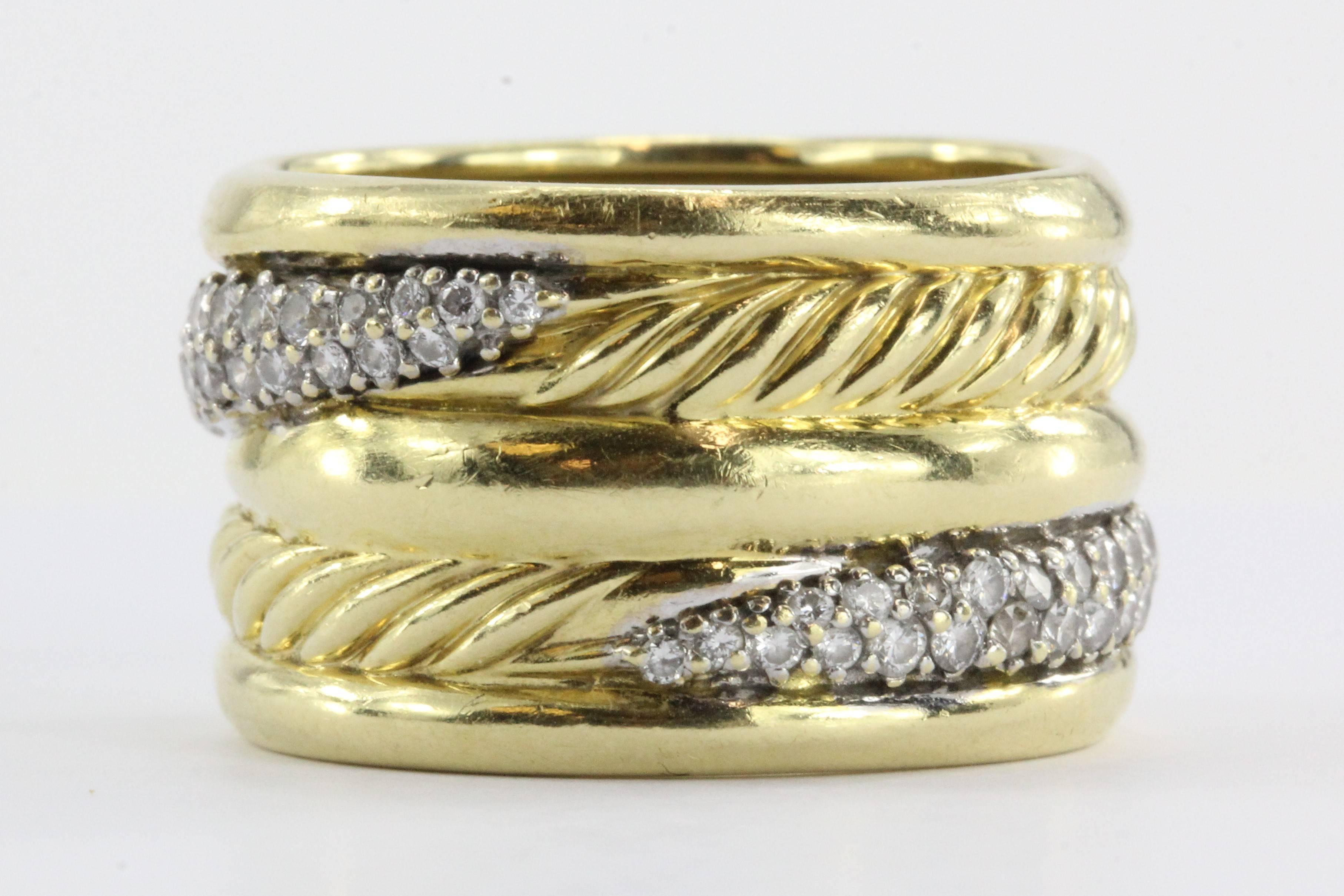 18K Yellow Gold & Diamond David Yurman Crossover 15mm Size 8 Ring Band. The ring is in excellent gently used estate condition and ready to wear. It is signed 750 D.Y. on the inside and set with approximately 1.2 carats of G color, Vs clarity